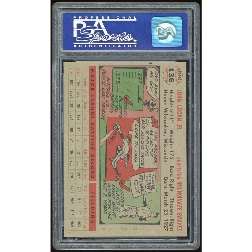 Johnny Logan 1956 Topps #136 Card | PSA 8