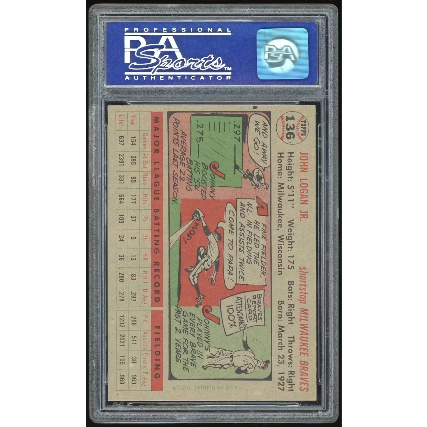 Johnny Logan 1956 Topps #136 Card | PSA 8