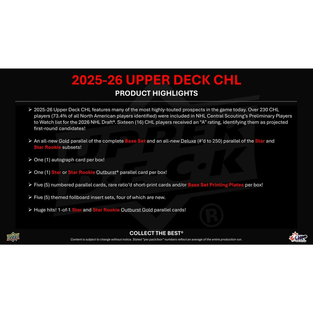 2025 26 Upper Deck CHL Hockey Hobby 16 Box Case Presell Releases Jun 17th 2026 (Ships Sealed Only)