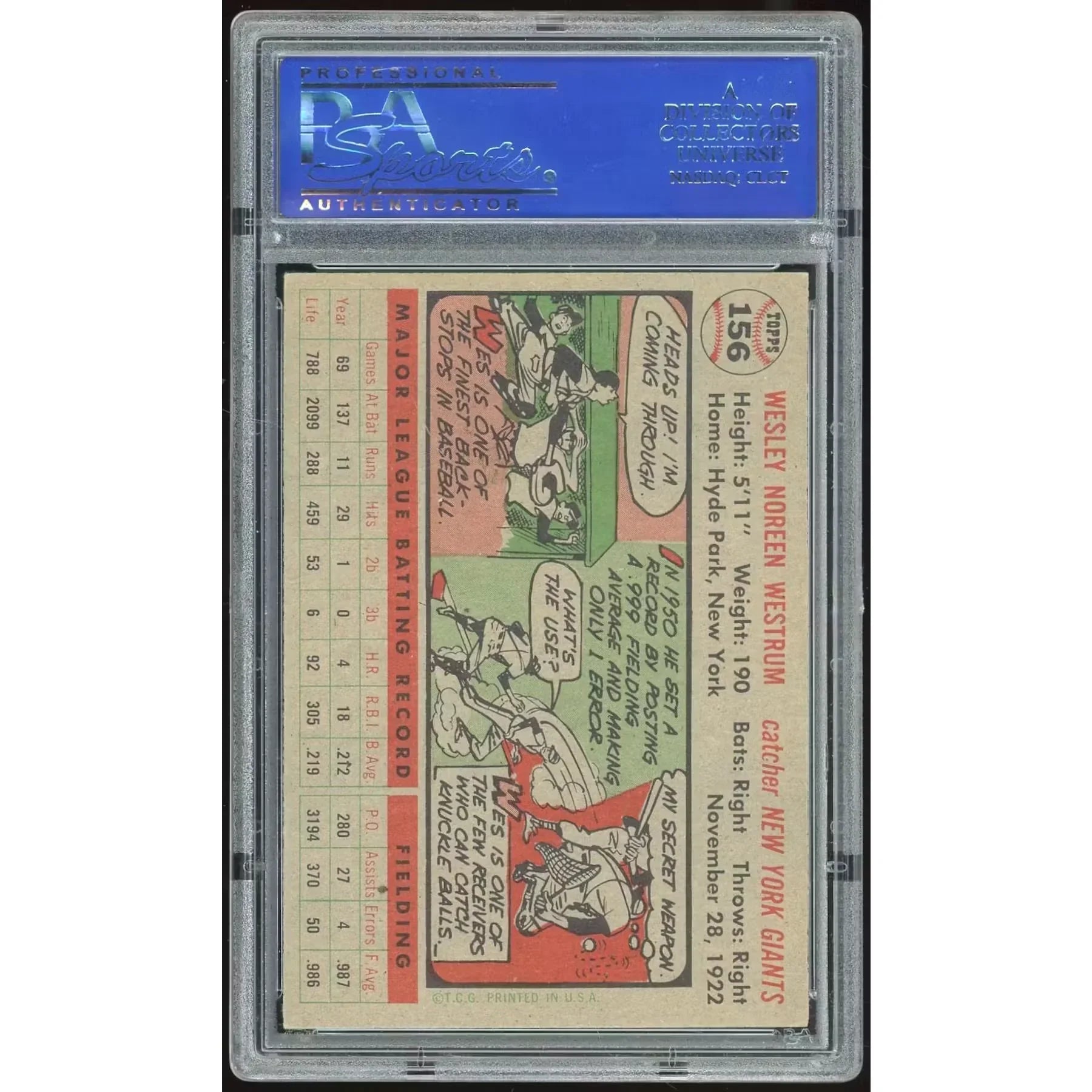 Wes Westrum 1956 Topps #156 Card | PSA 7