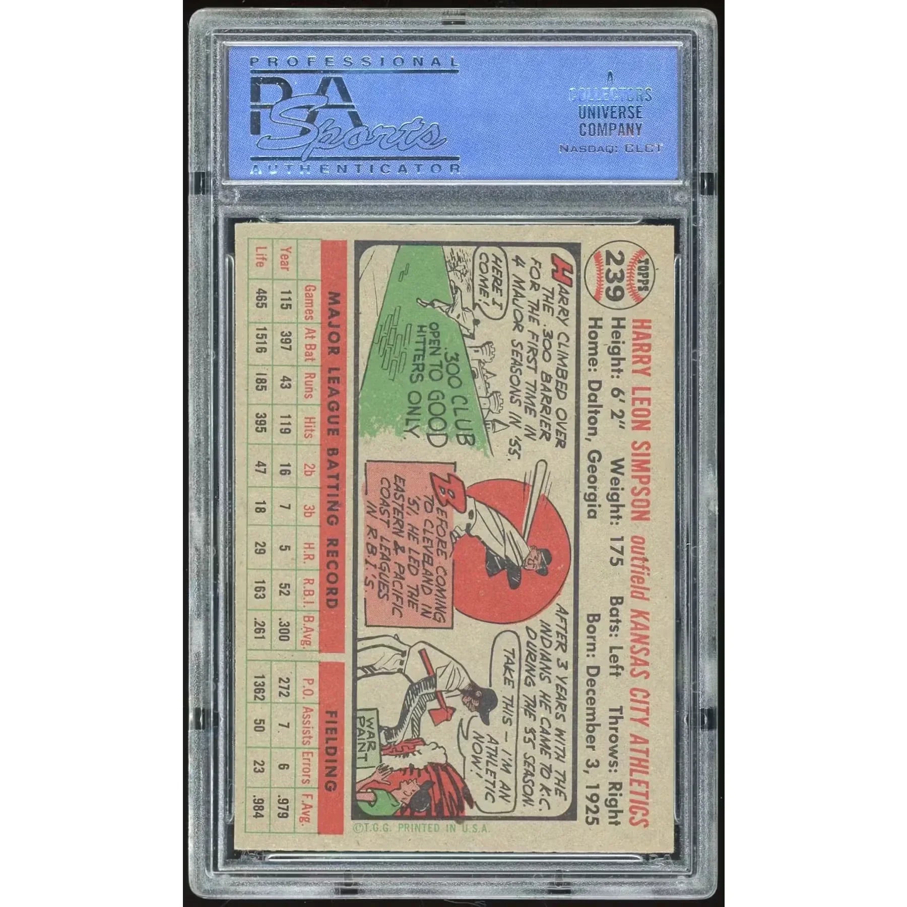 1956 Topps #239 Harry Simpson Baseball Card | PSA 7