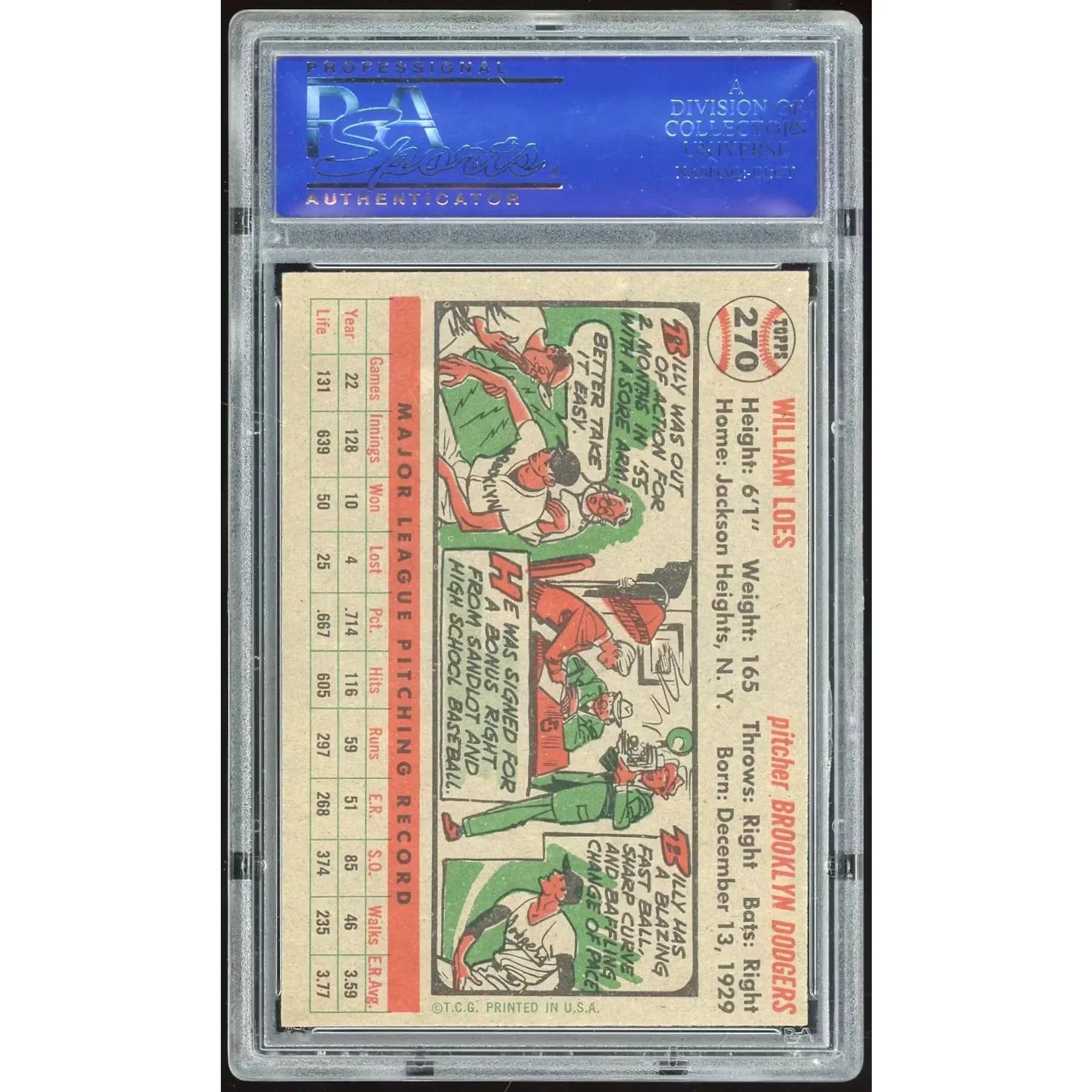 Billy Loes 1956 Topps #270 Card | PSA 7