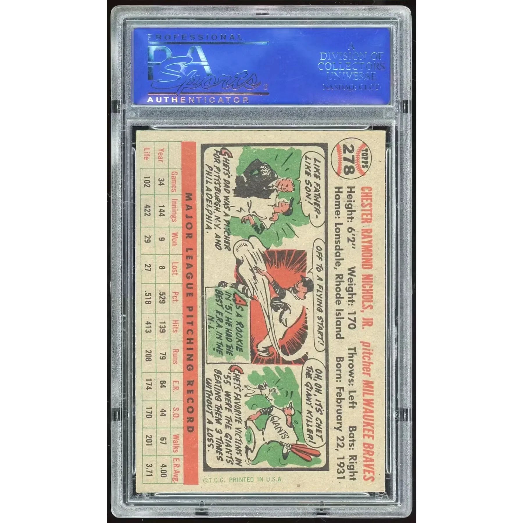 1956 Topps #278 Chet Nichols Baseball Card | PSA 7