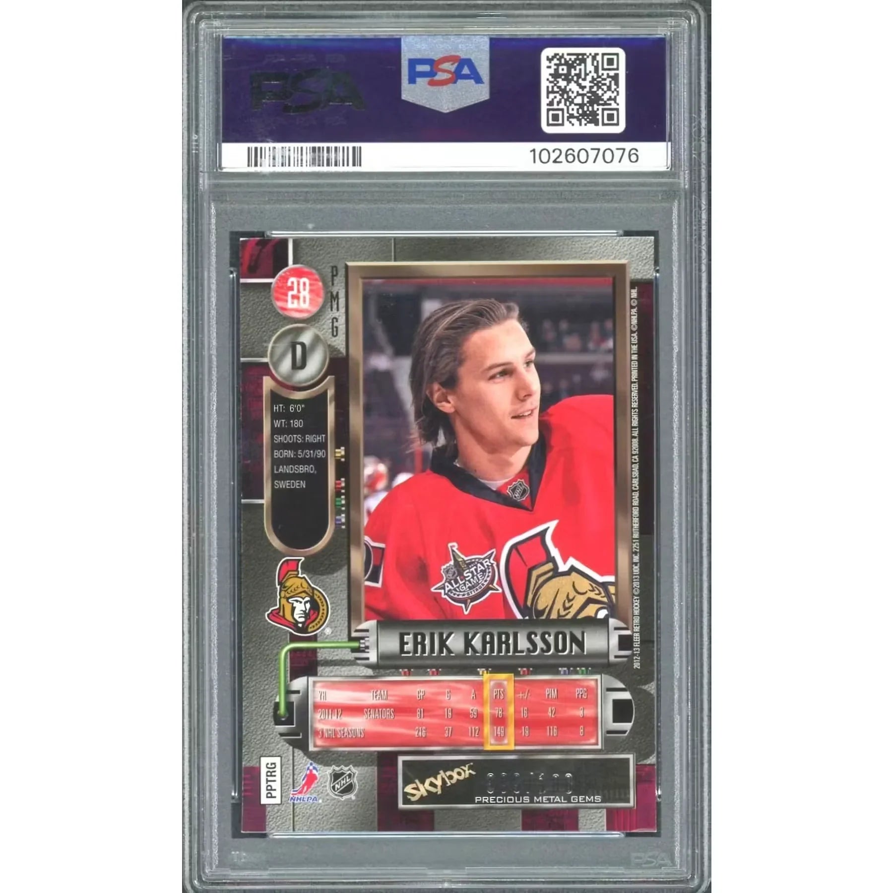 Erik Karlsson 2012-13 Fleer Retro Precious Metal Gems Red Card | PSA 5