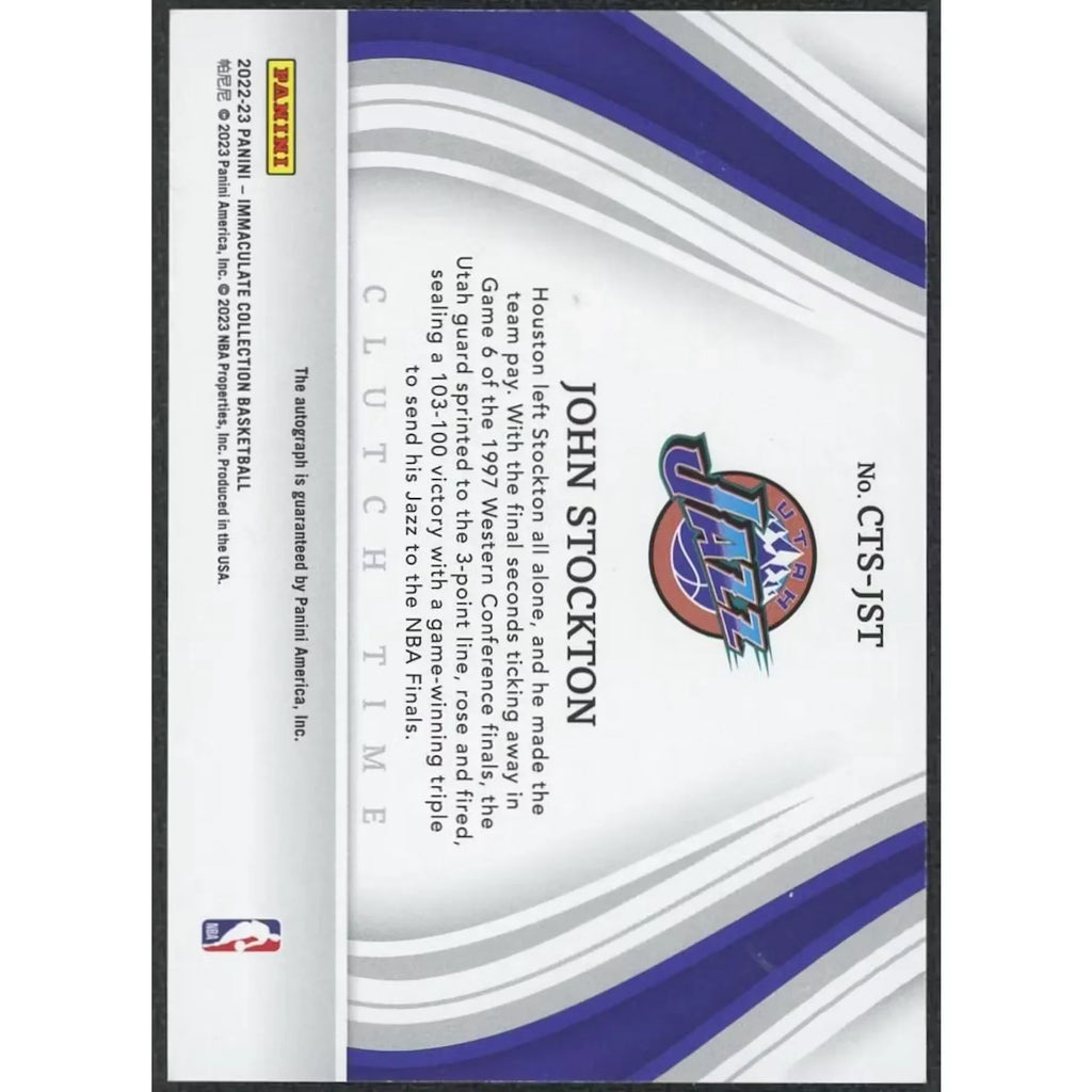John Stockton Signed 2022-23 Panini Immaculate Card | Clutch Time Platinum 1/1