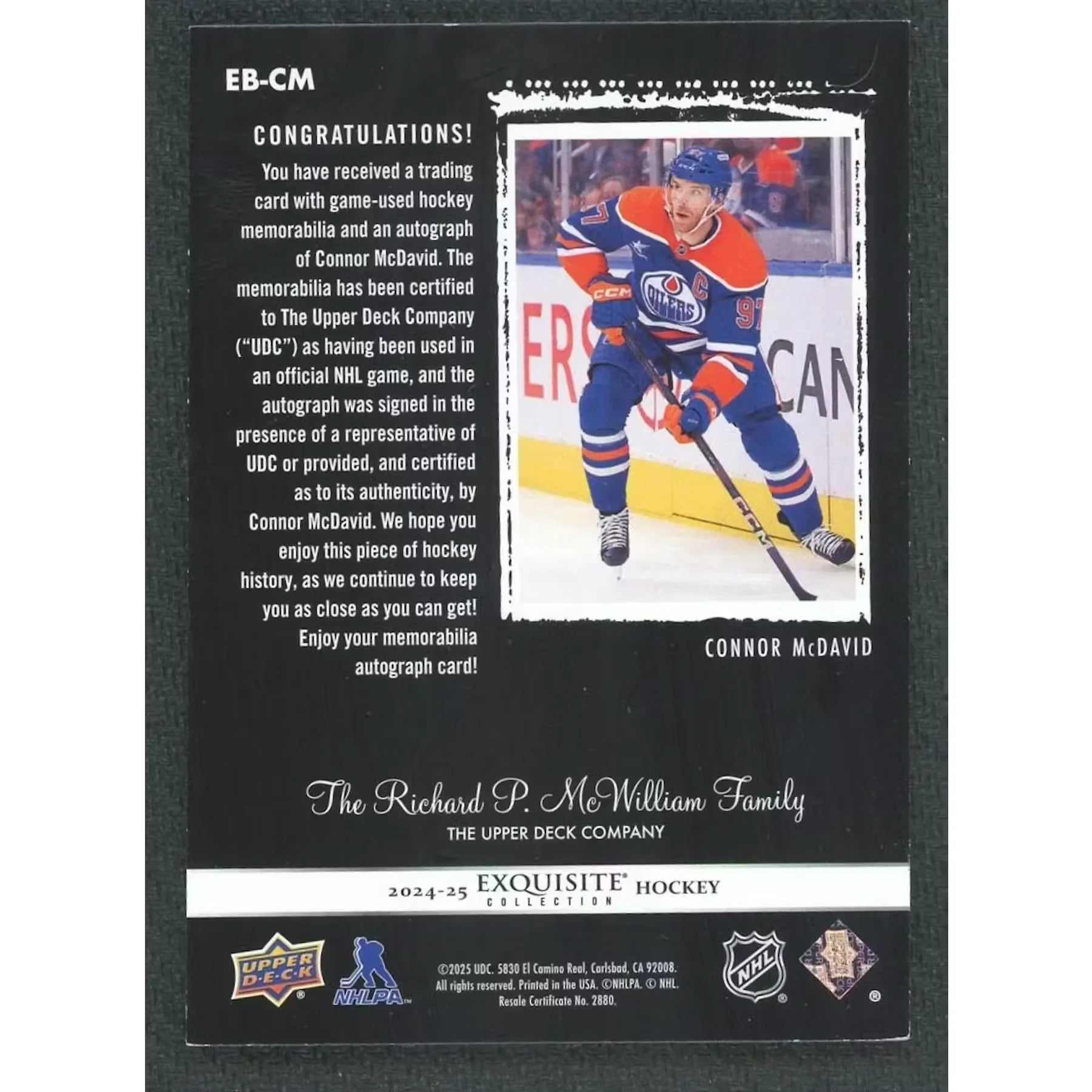 Connor McDavid Signed 2024-25 The Cup Exquisite Tribute Card | Black Patch Auto/25