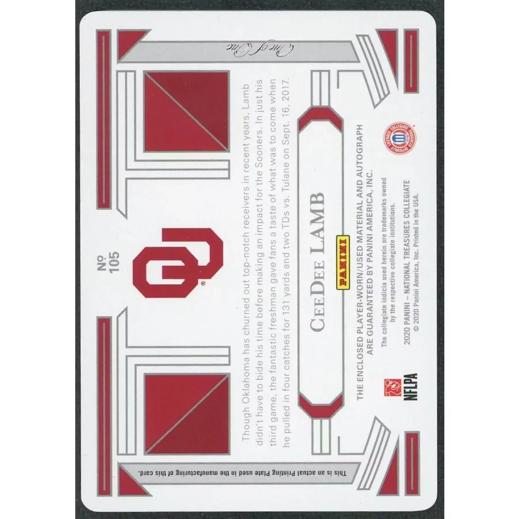 CeeDee Lamb Signed 2020 National Treasures Collegiate Card | Printing Plate 1/1