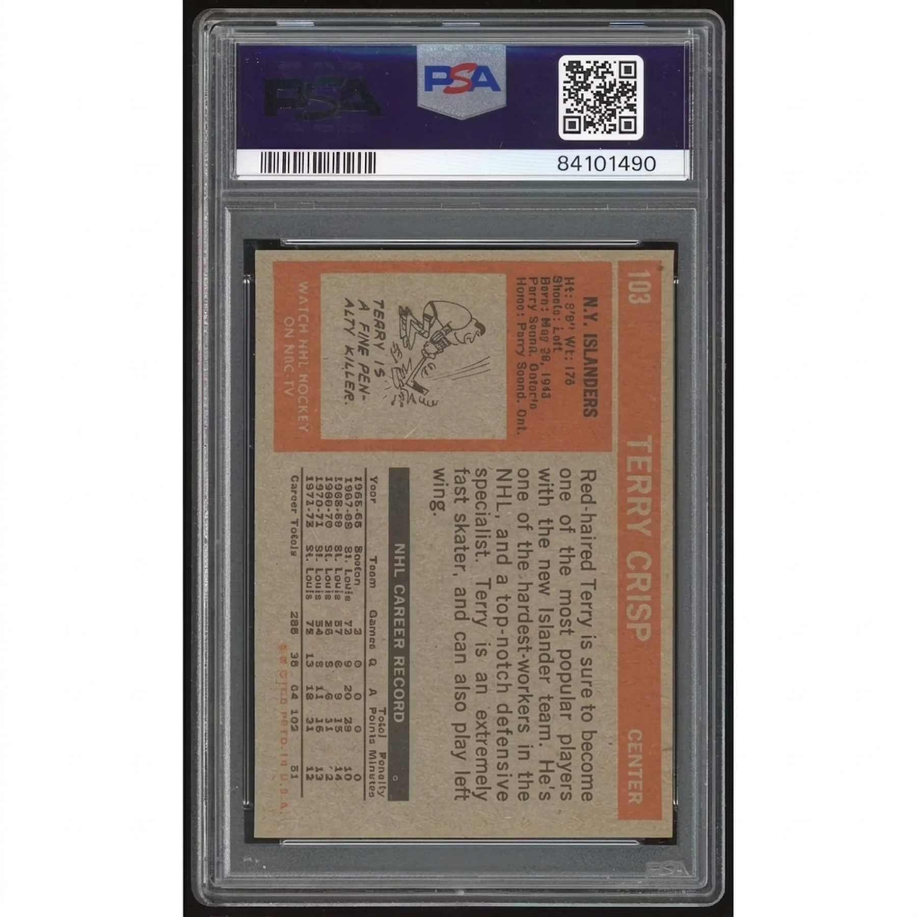1972-73 Topps #103 Terry Crisp Hockey Card | PSA 10