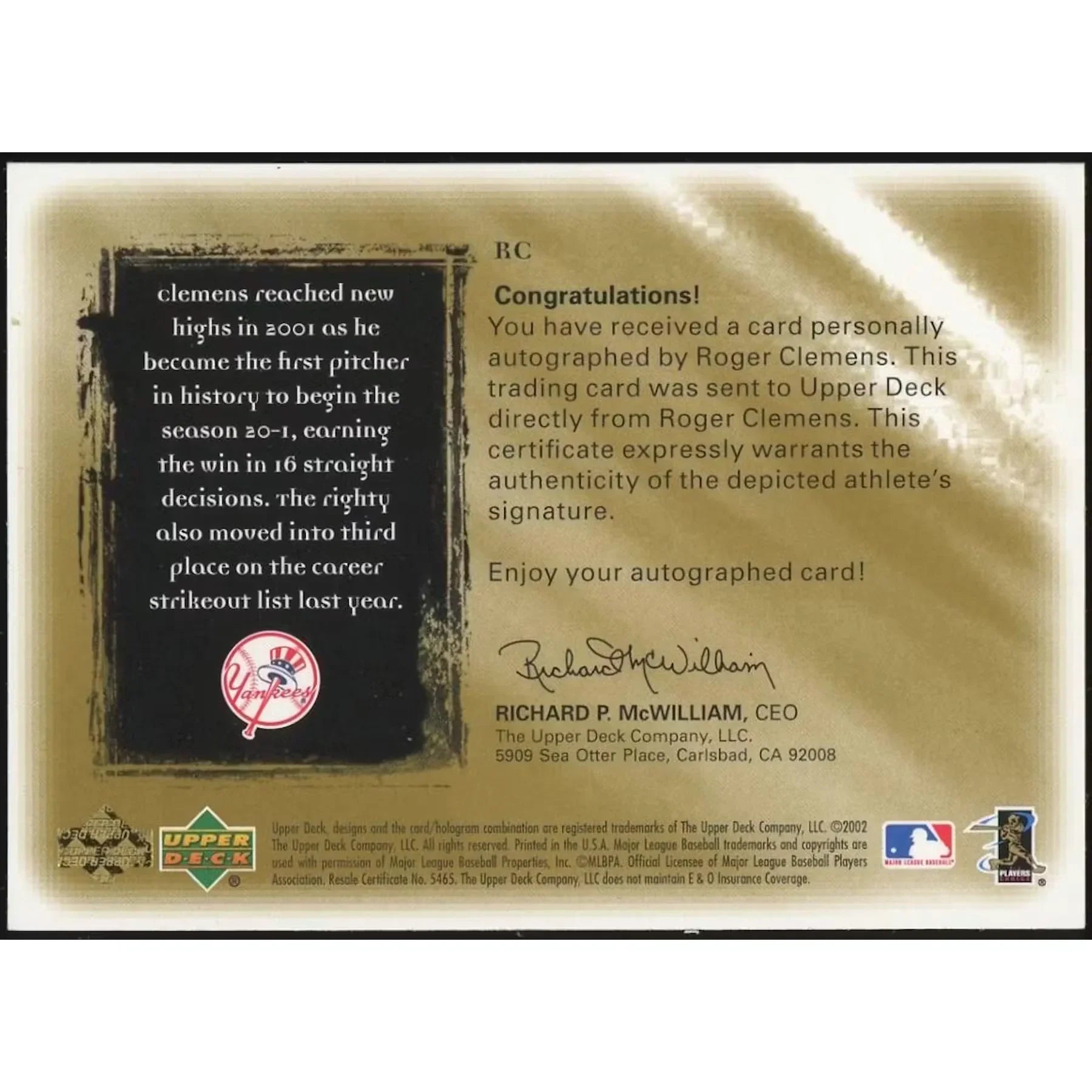 Roger Clemens Signed 2001 Ultimate Collection Signatures Gold Card | #/15