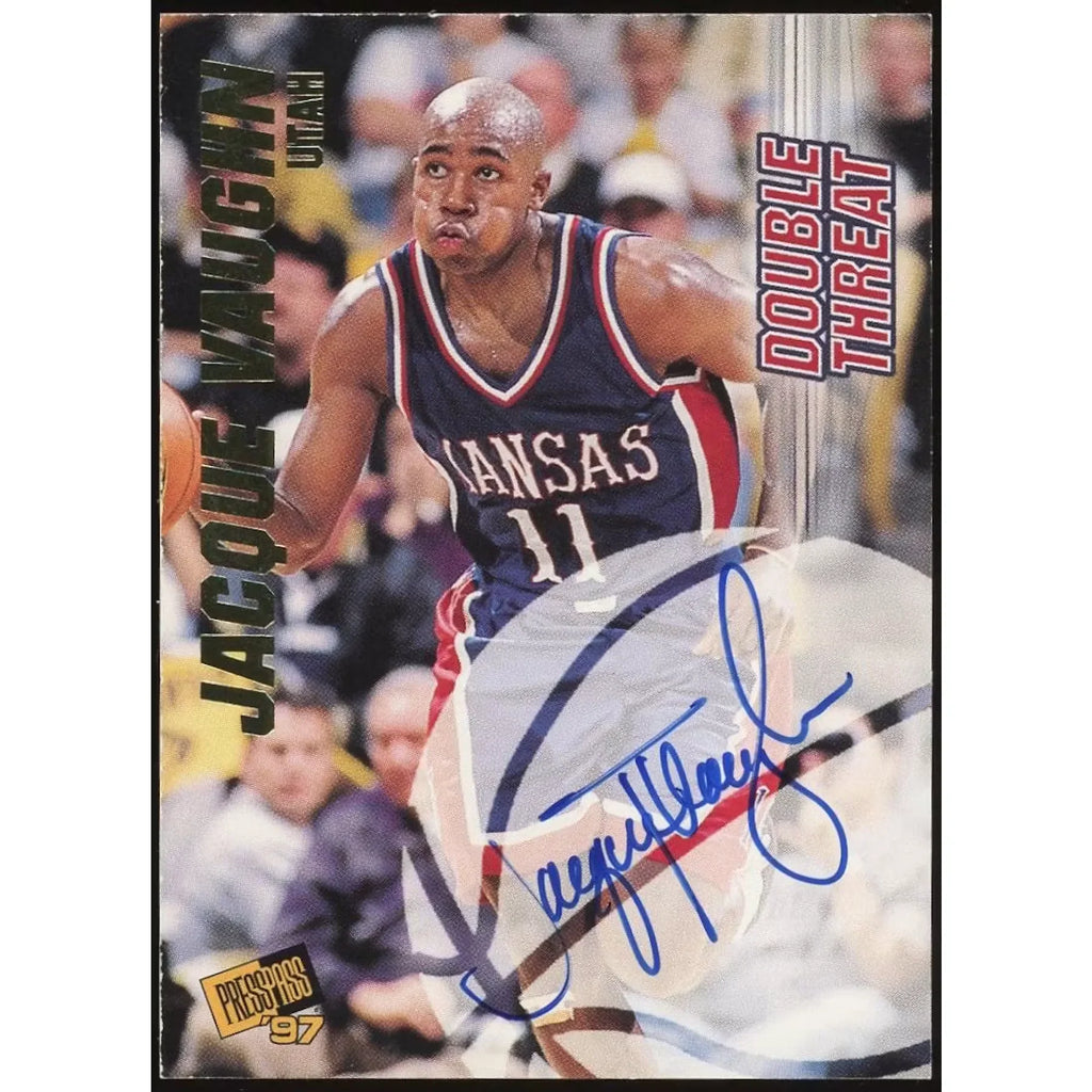 Karl Malone & Jacques Vaughn Signed 1997-98 Press Pass Double Threat Card | #/625