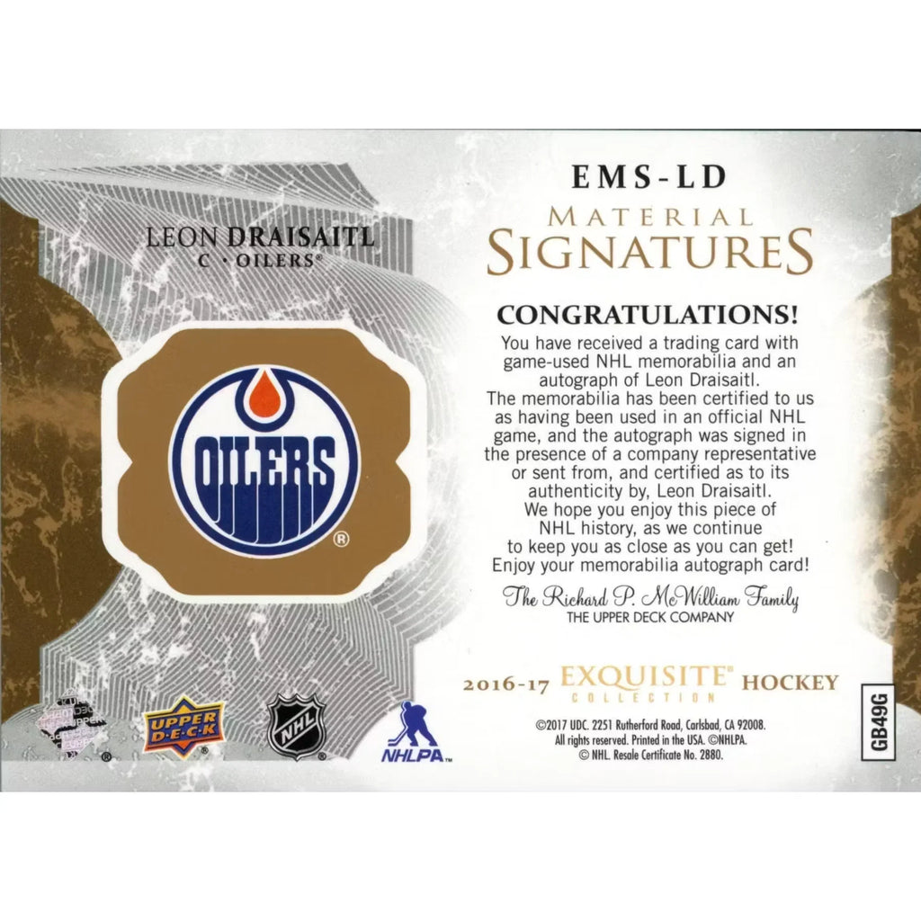 Leon Draisaitl Signed 2017 Upper Deck Exquisite Card | Patch Auto #023/125