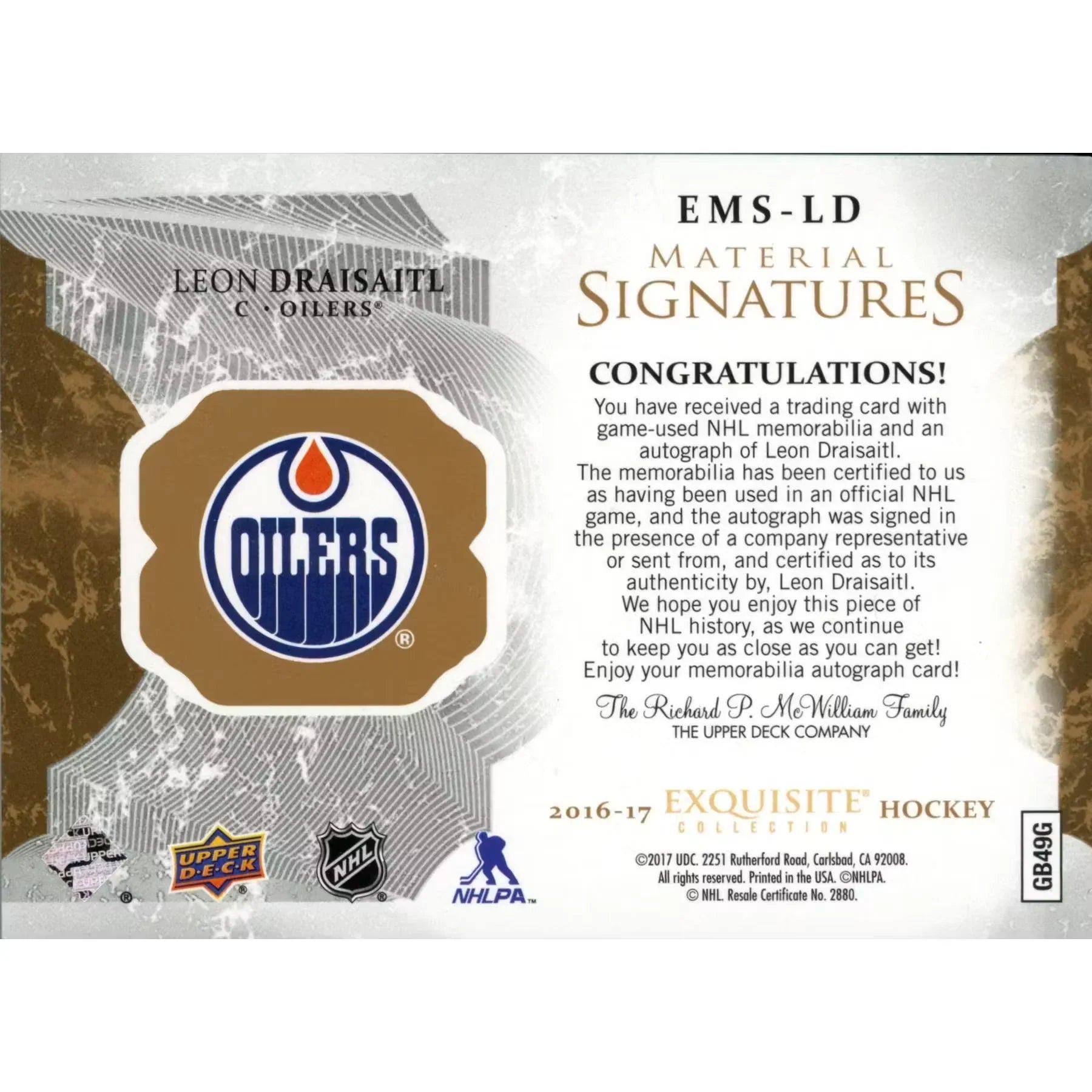 Leon Draisaitl Signed 2017 Upper Deck Exquisite Card | Patch Auto #023/125