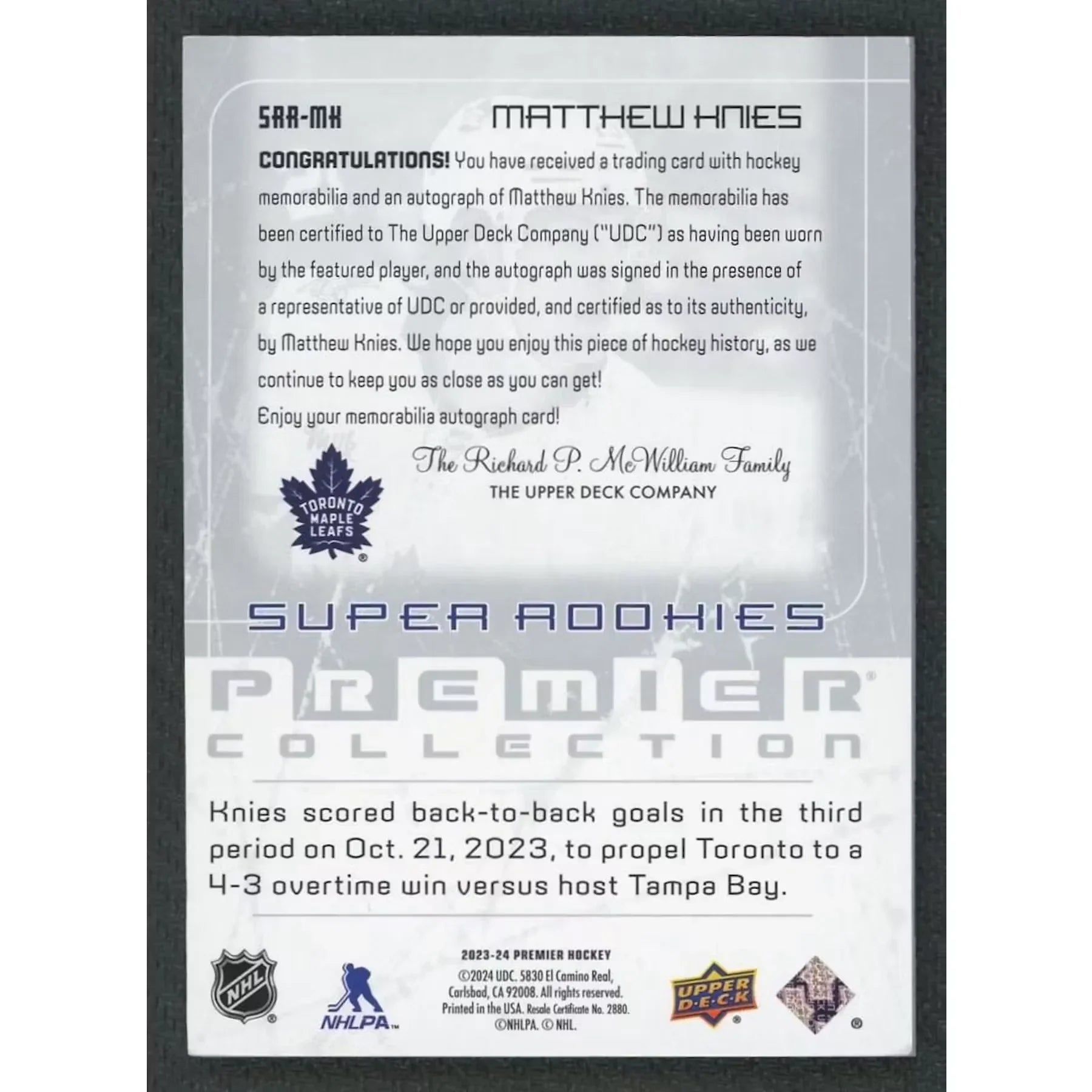 Matthew Knies 2023-24 Premier Rookie Patch Auto |/99