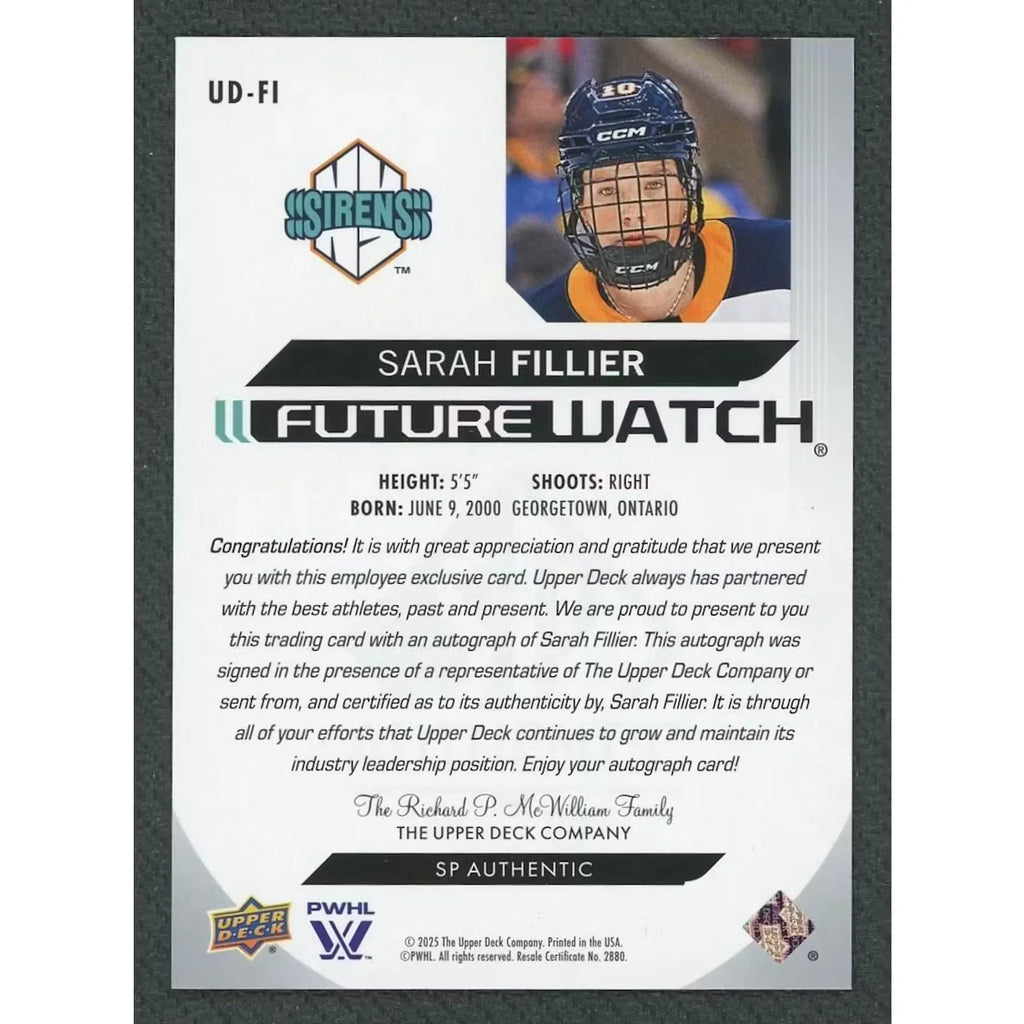 Sarah Fillier Signed 2025 Upper Deck Future Watch Auto | Employee Exclusive