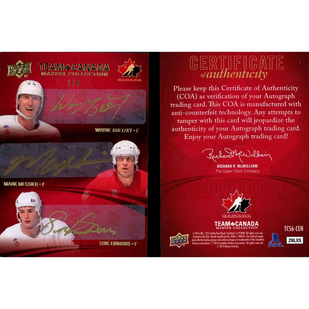 2015 Upper Deck Team Canada Master Collection Six-Signature Card | Gretzky, Messier, Lindr