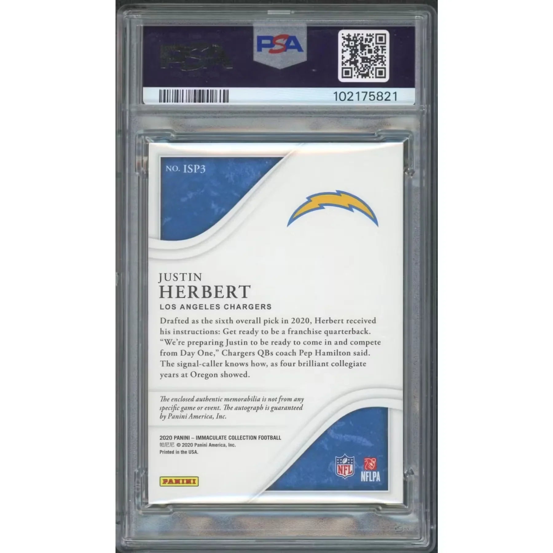 Justin Herbert 2020 Panini Immaculate Rookie Patch Auto | PSA 8/49