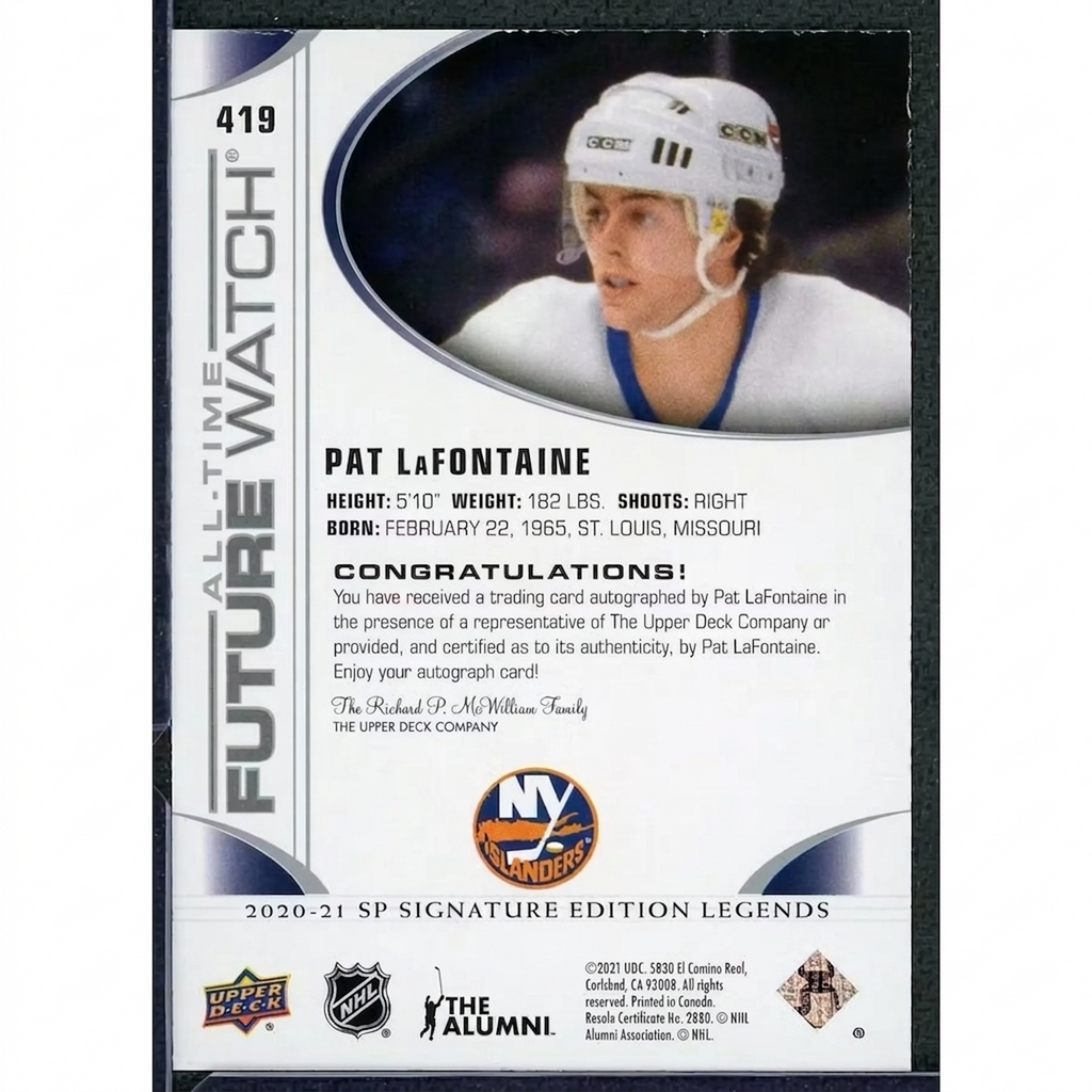 Pat LaFontaine Signed 2020-21 UD SP Signature Legends Card | Auto/99