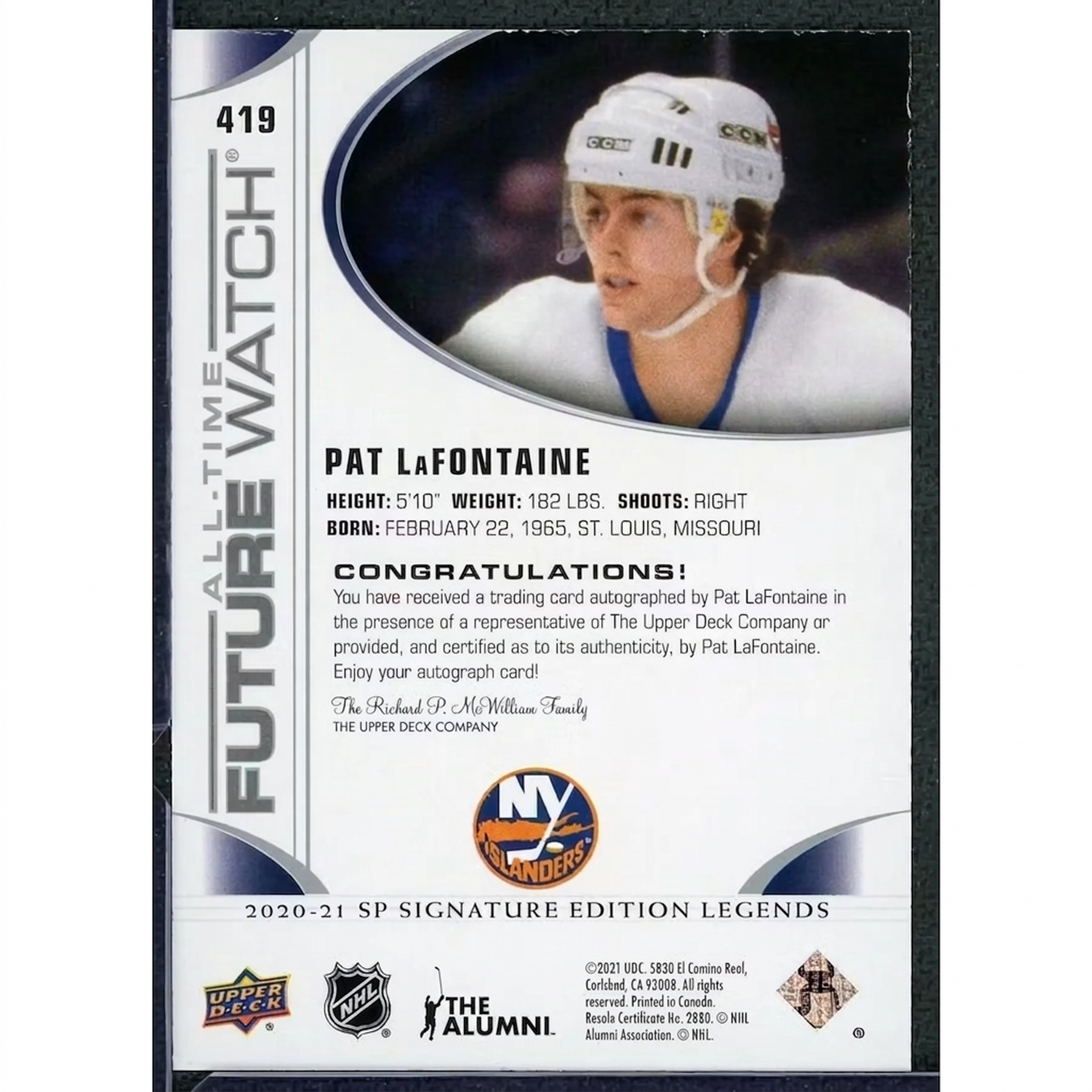 Pat LaFontaine Signed 2020-21 UD SP Signature Legends Card | Auto/99