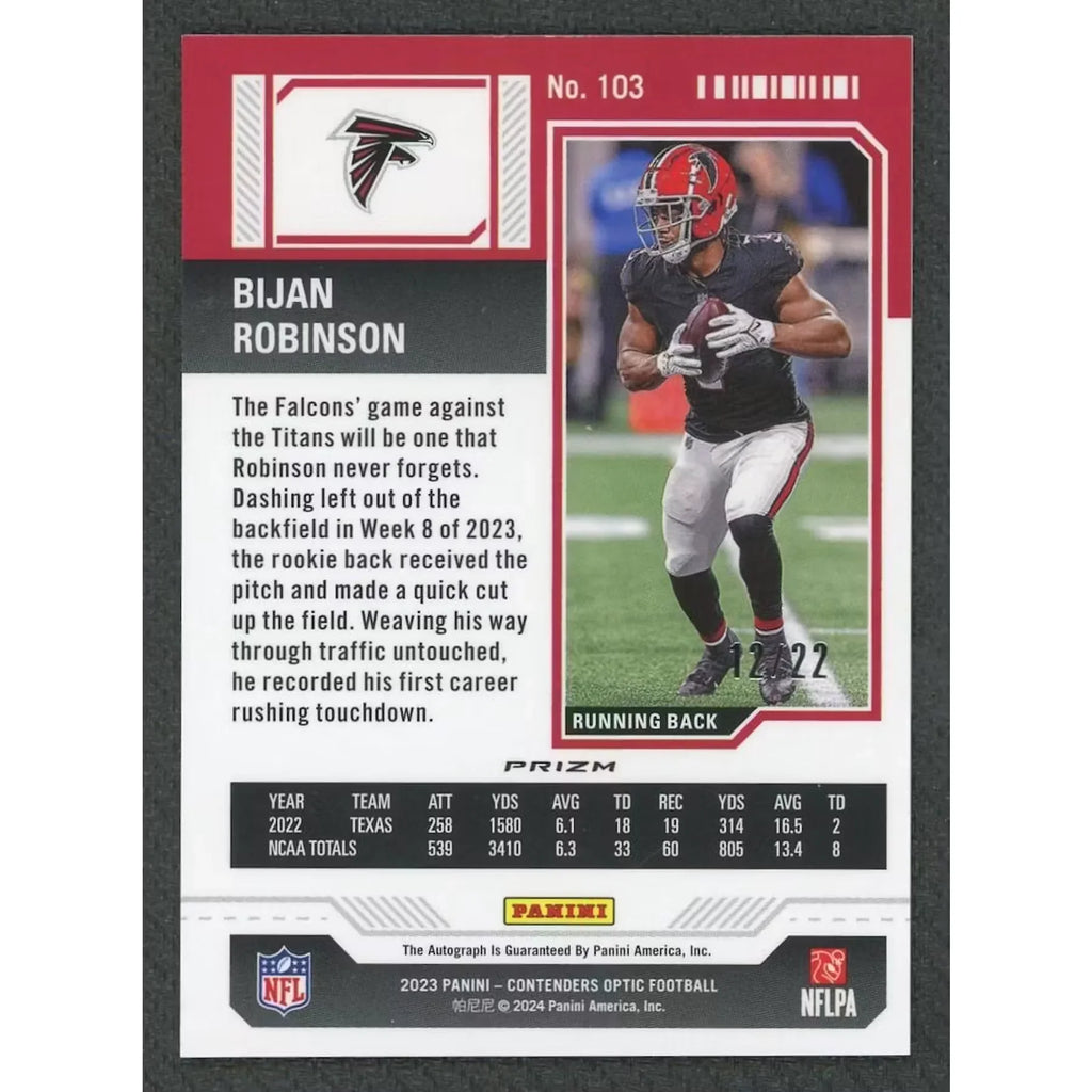 Bijan Robinson Signed 2023 Panini Contenders Optic Rookie Card | Cracked Ice Prizm/22