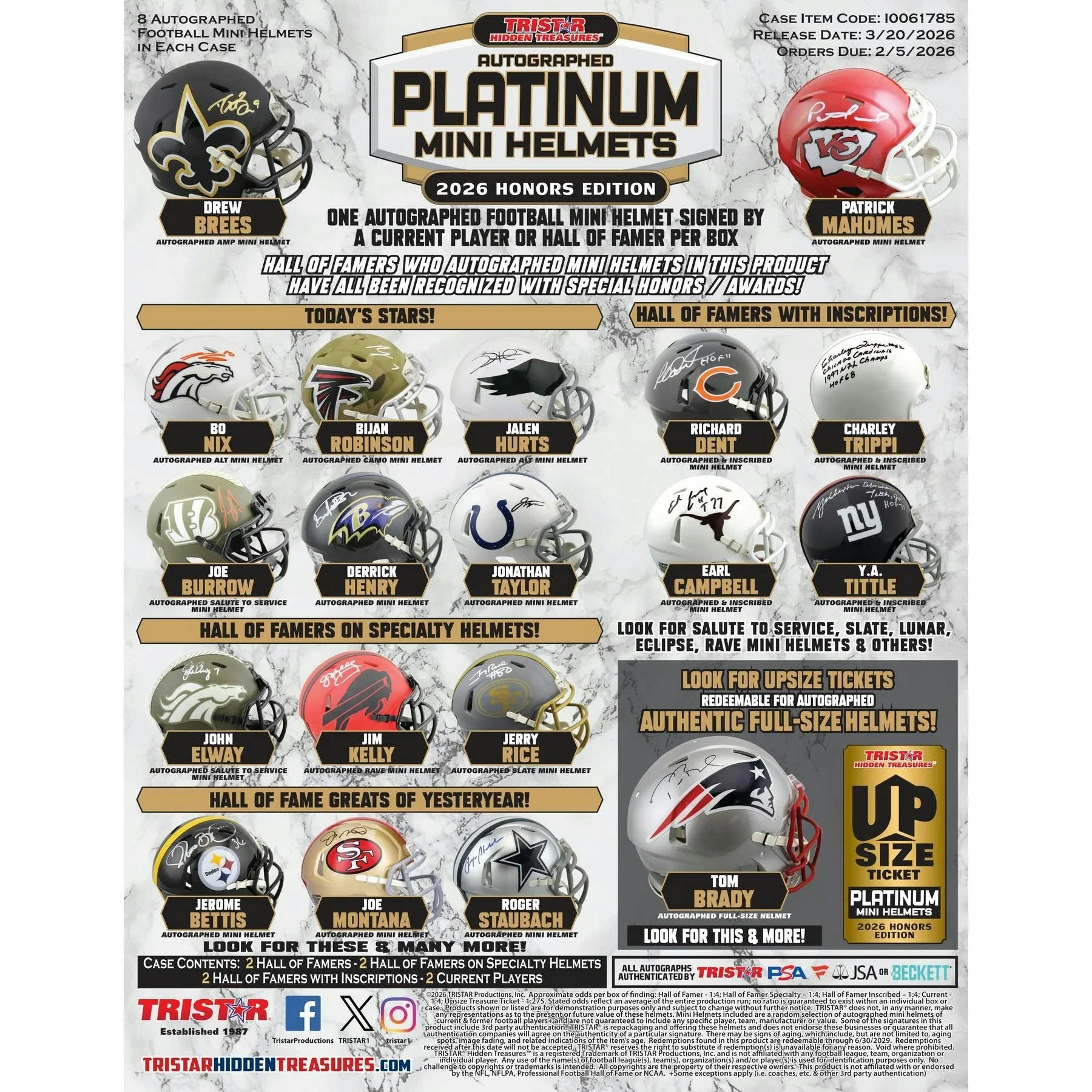2026 TriStar Autographed Platinum Football Mini Helmets Honors Edition Hobby 8 Box Case (Ships Sealed Only)