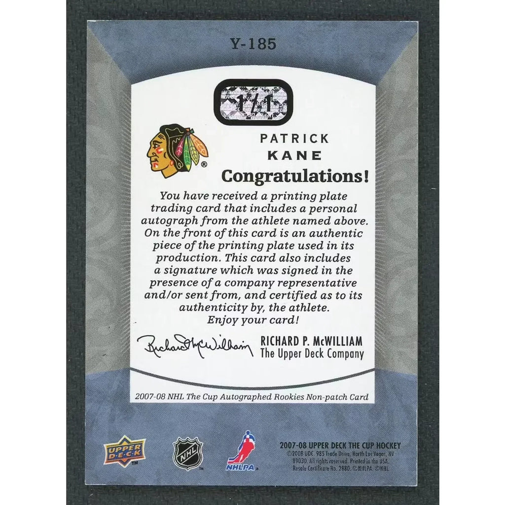 Patrick Kane Signed 2007-08 The Cup Rookie Masterpieces Yellow Printing Plate | 1/1