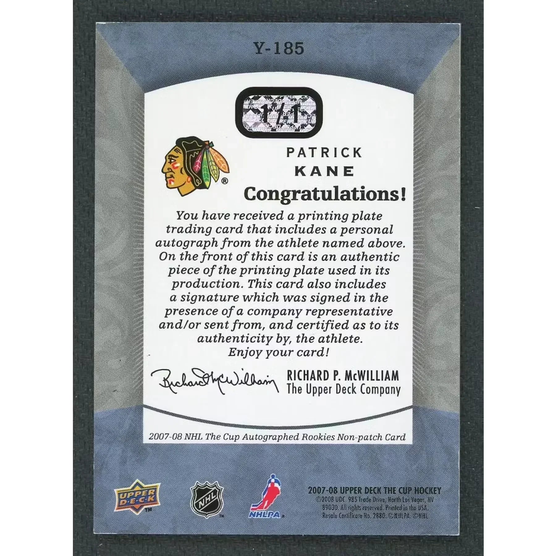 Patrick Kane Signed 2007-08 The Cup Rookie Masterpieces Yellow Printing Plate | 1/1