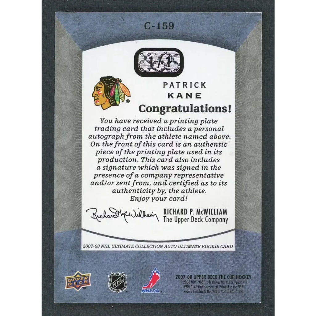 Patrick Kane Signed 2007-08 The Cup Rookie Masterpieces Printing Plate 1/1