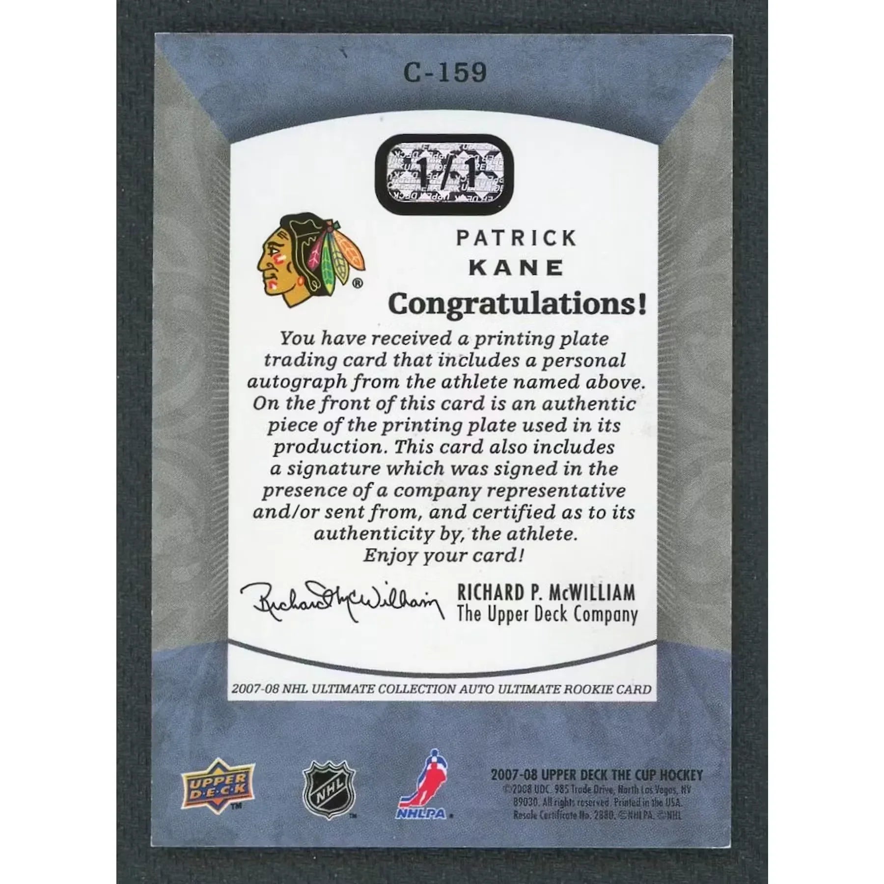 Patrick Kane Signed 2007-08 The Cup Rookie Masterpieces Printing Plate 1/1
