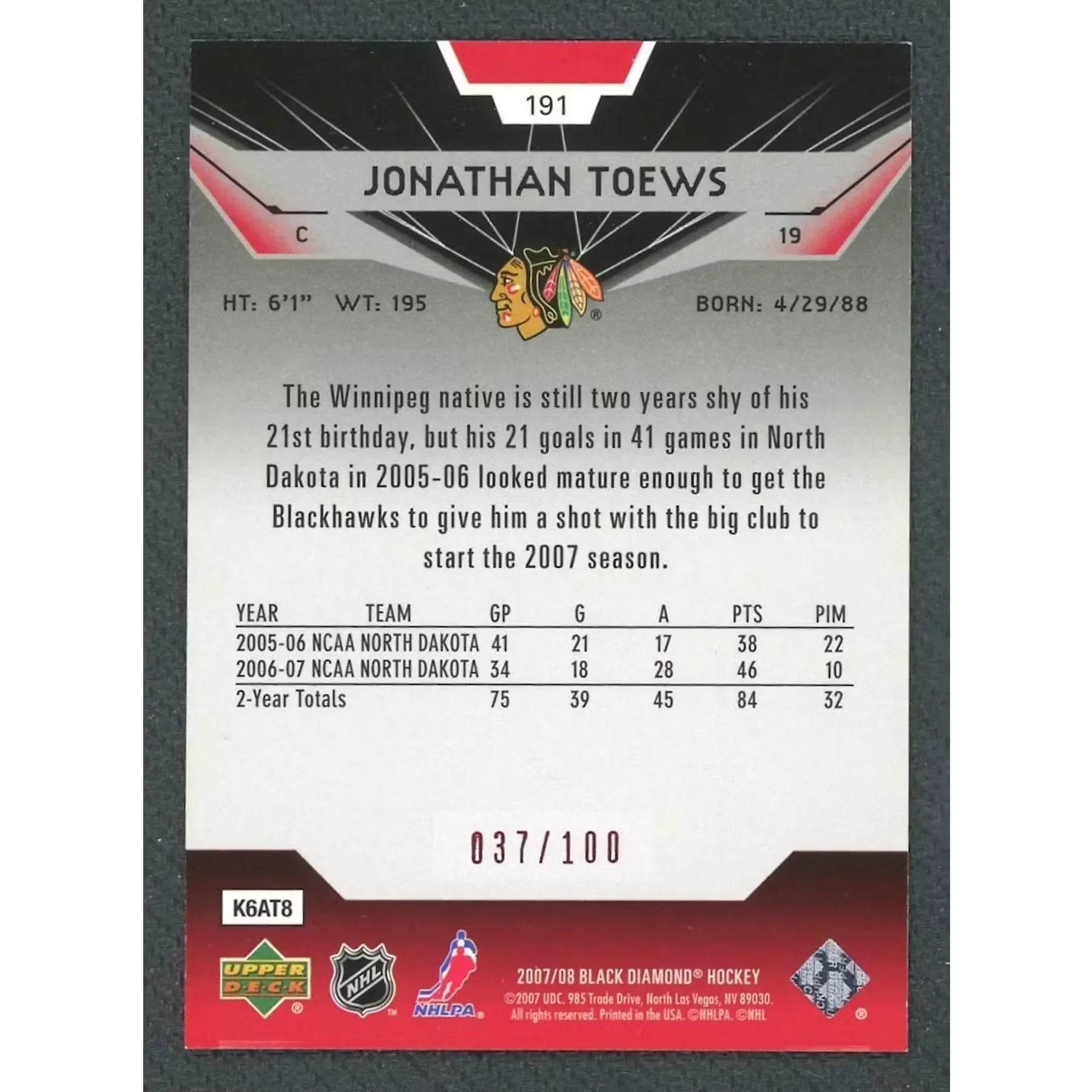Jonathan Toews 2007-08 Black Diamond Rookie Gems Red/100