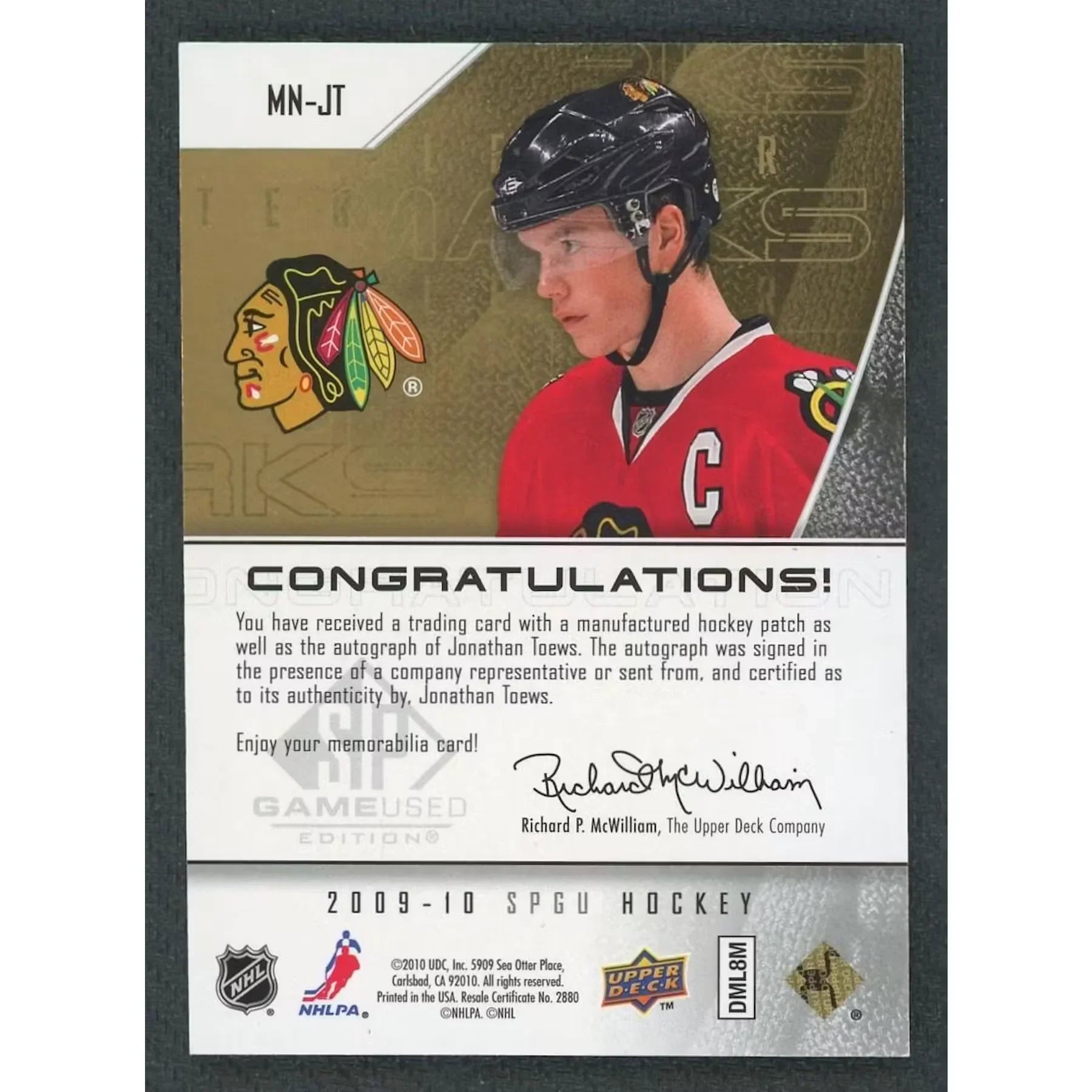 Jonathan Toews Signed 2009-10 SP Game Used Card | Marks of a Nation Auto/50