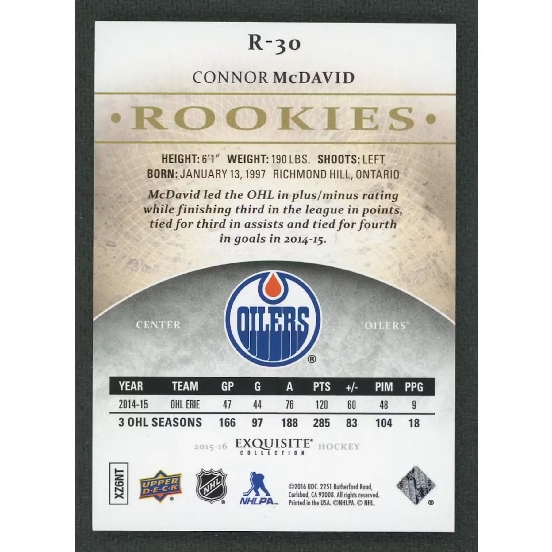 Connor McDavid 2015-16 The Cup Exquisite Rookie Card | Gold Spectrum/97