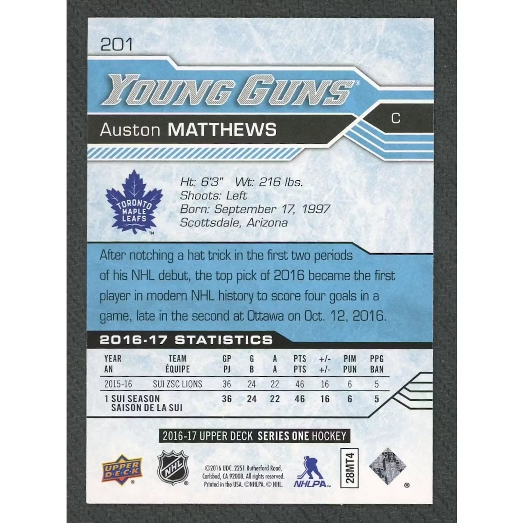 2016-17 Upper Deck Young Guns Auston Matthews Rookie #201 - D1