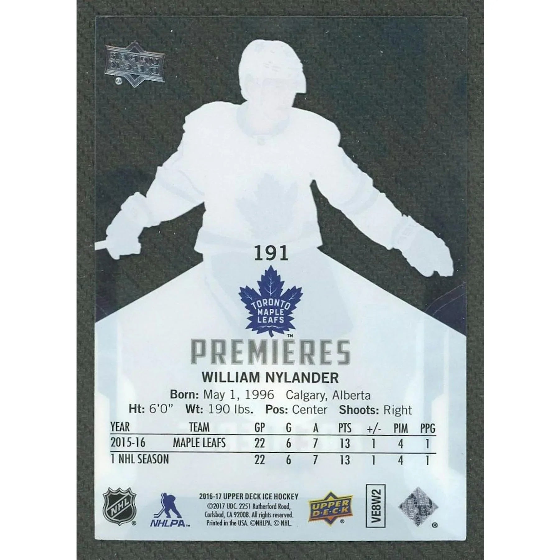 William Nylander 2016-17 Ice Premieres Rookie Card |/99