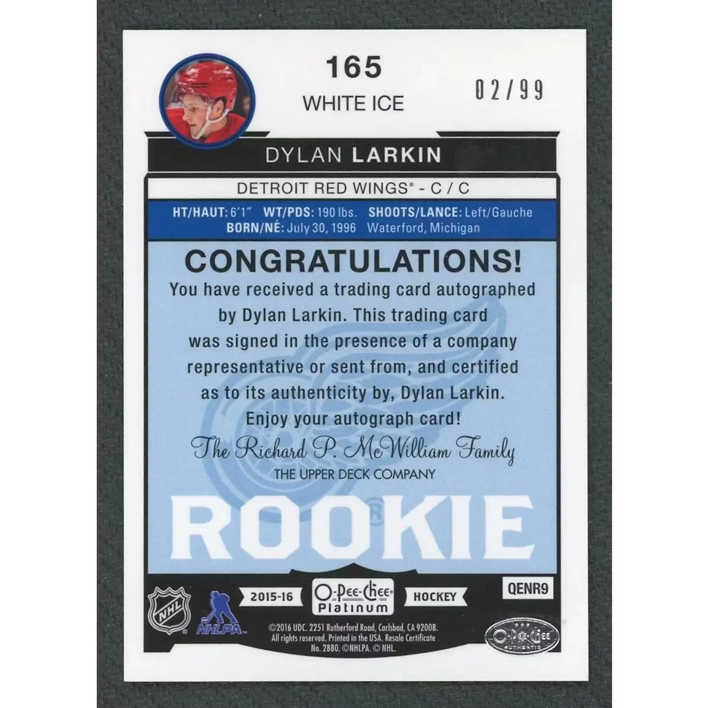 Dylan Larkin Signed 2015-16 O-Pee-Chee Platinum Rookie Card | White Ice/99