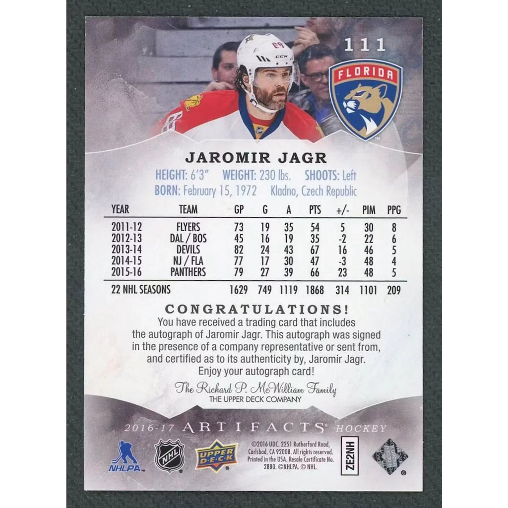 Jaromir Jagr Signed 2016-17 Artifacts Card | Black/5