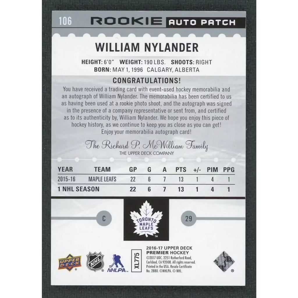 William Nylander 2016-17 Premier Rookie Patch Auto |/199