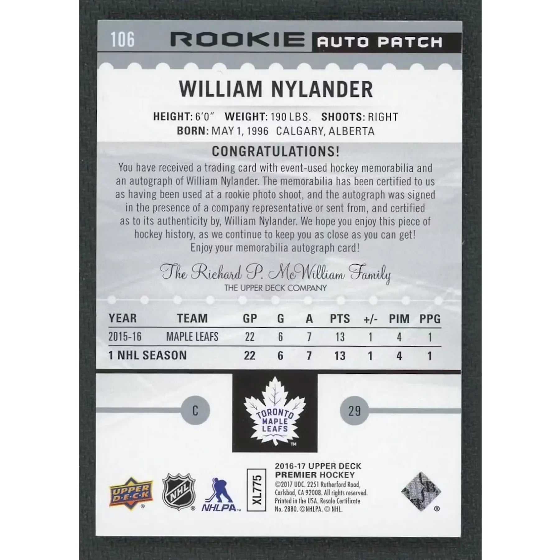 William Nylander 2016-17 Premier Rookie Patch Auto |/199