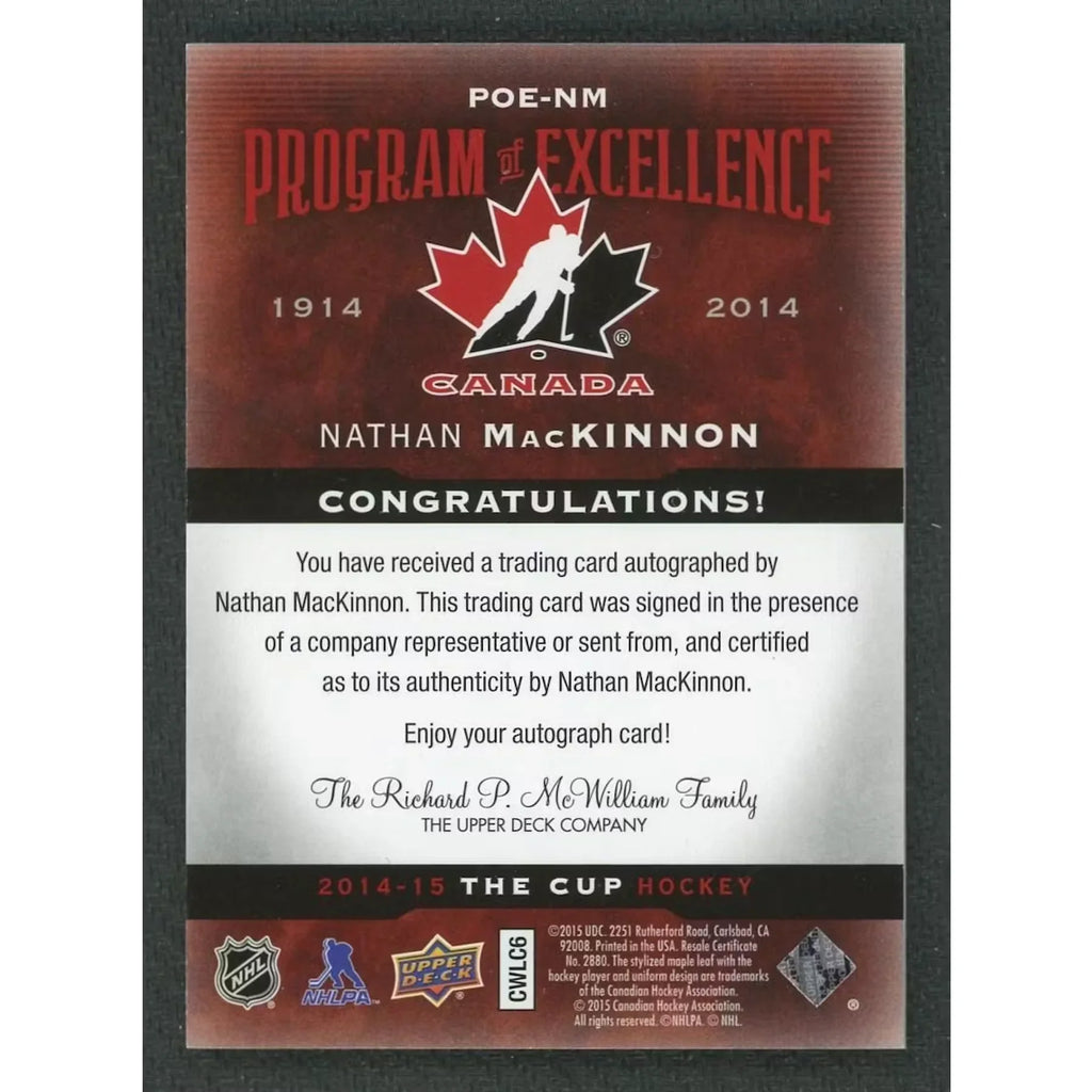 Nathan MacKinnon Signed 2014-15 The Cup Card | Program of Excellence Auto
