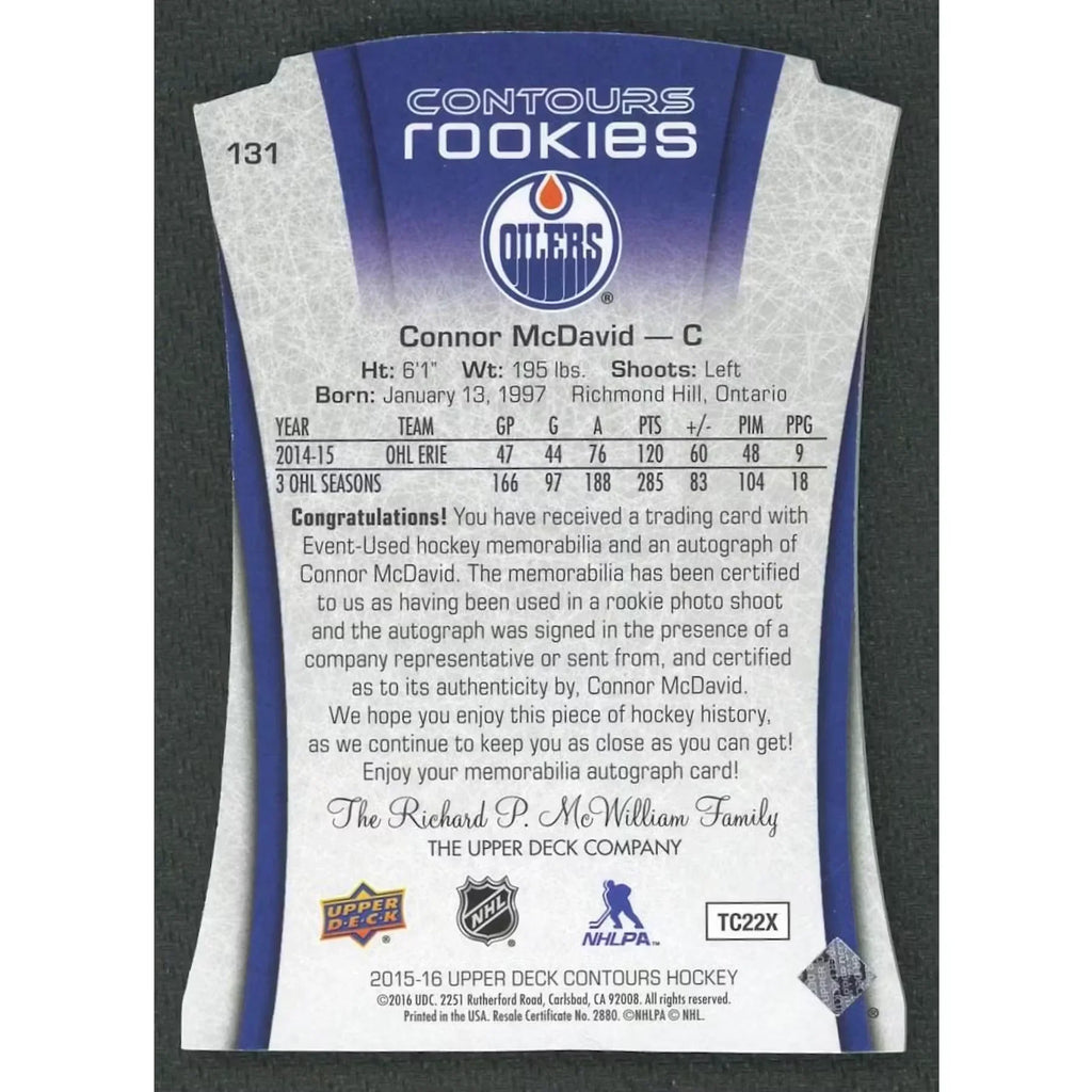Connor McDavid 2015-16 Upper Deck Contours Rookie Patch Auto |/199