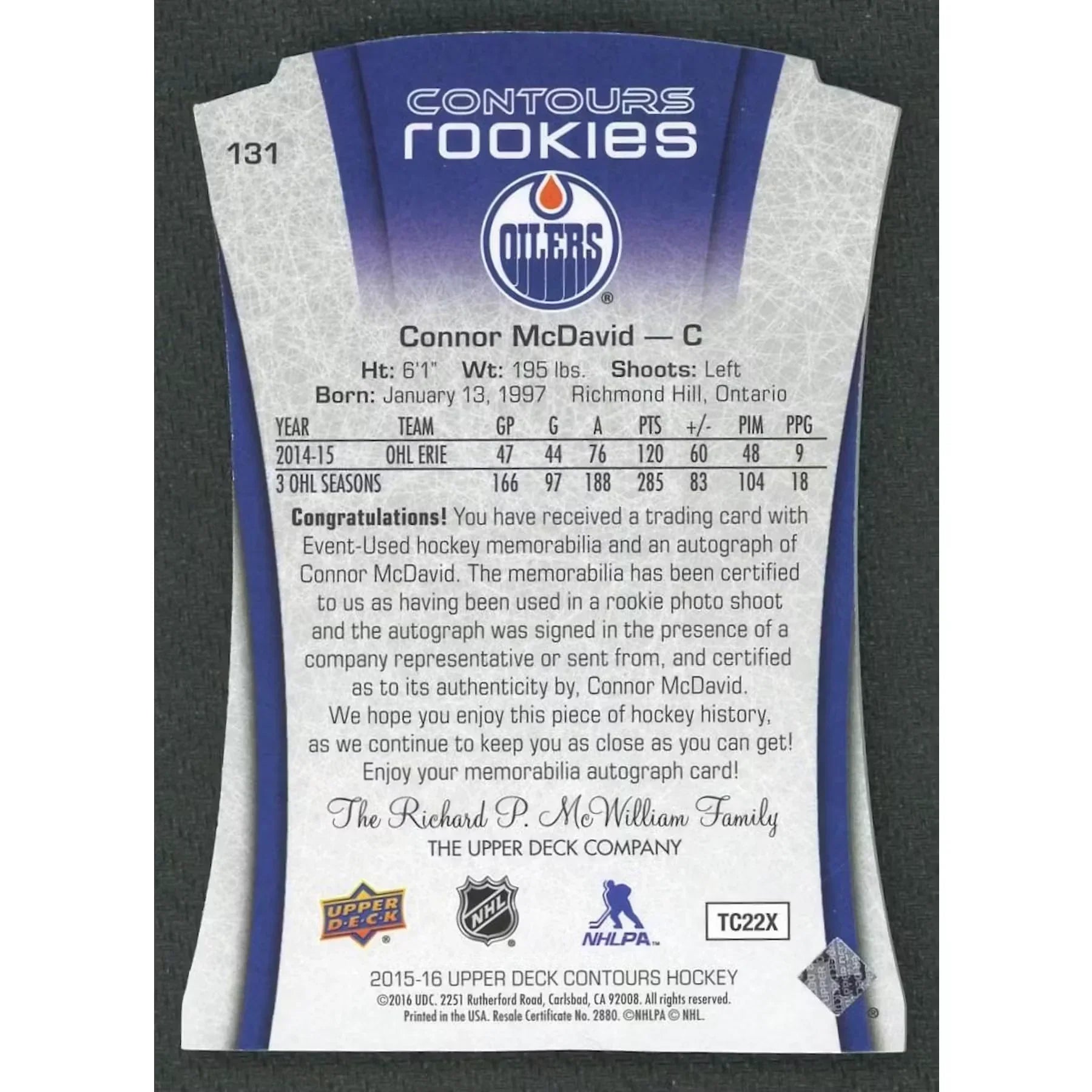 Connor McDavid 2015-16 Upper Deck Contours Rookie Patch Auto |/199
