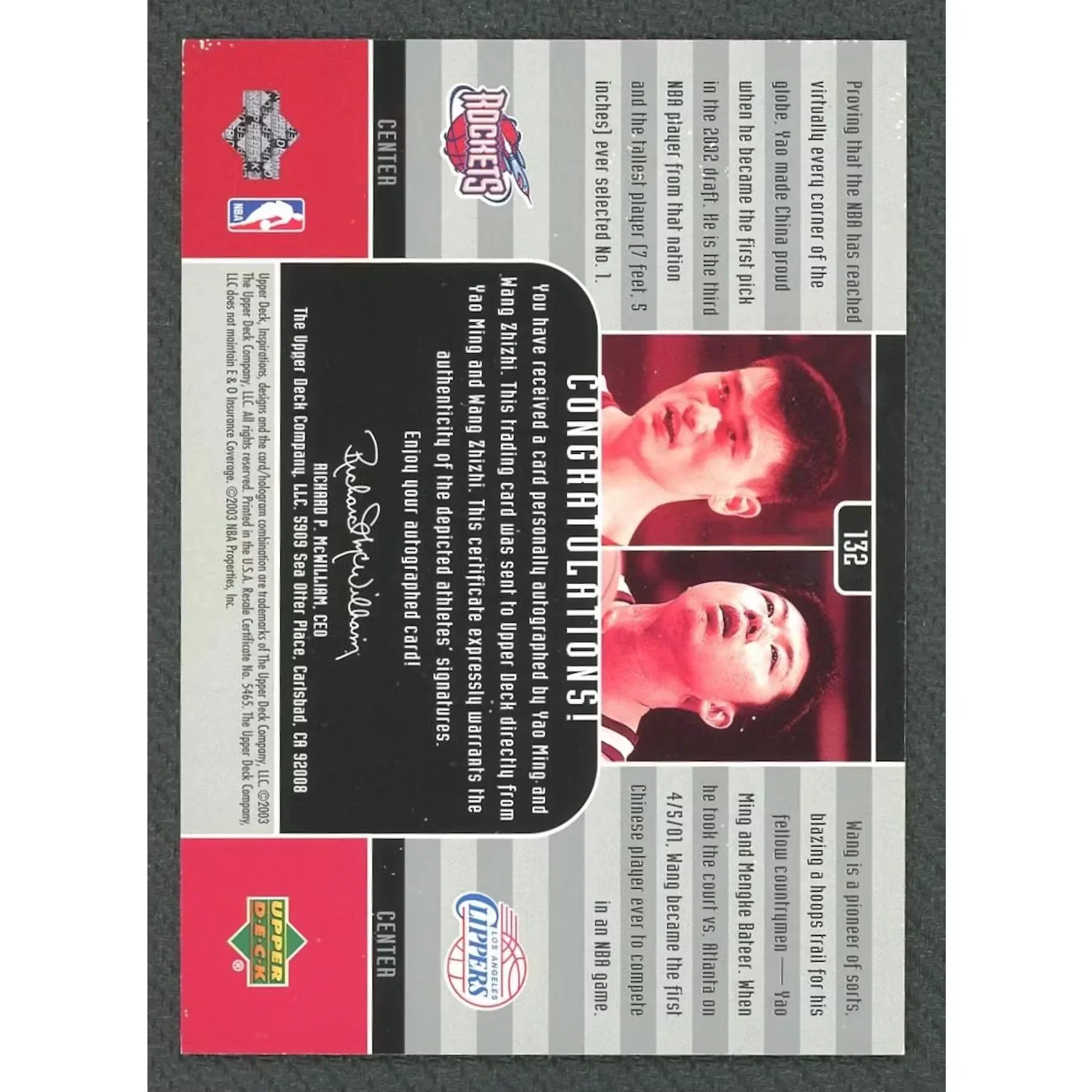 Yao Ming Wang Zhizhi Signed 2002-03 Upper Deck Inspirations Rookie Card | Dual Auto