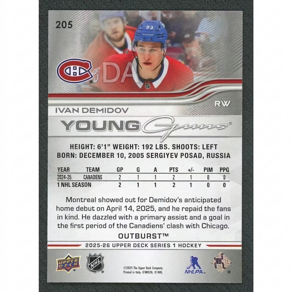 Ivan Demidov 2025-26 Upper Deck Young Guns Silver Outburst #205 Rookie Card