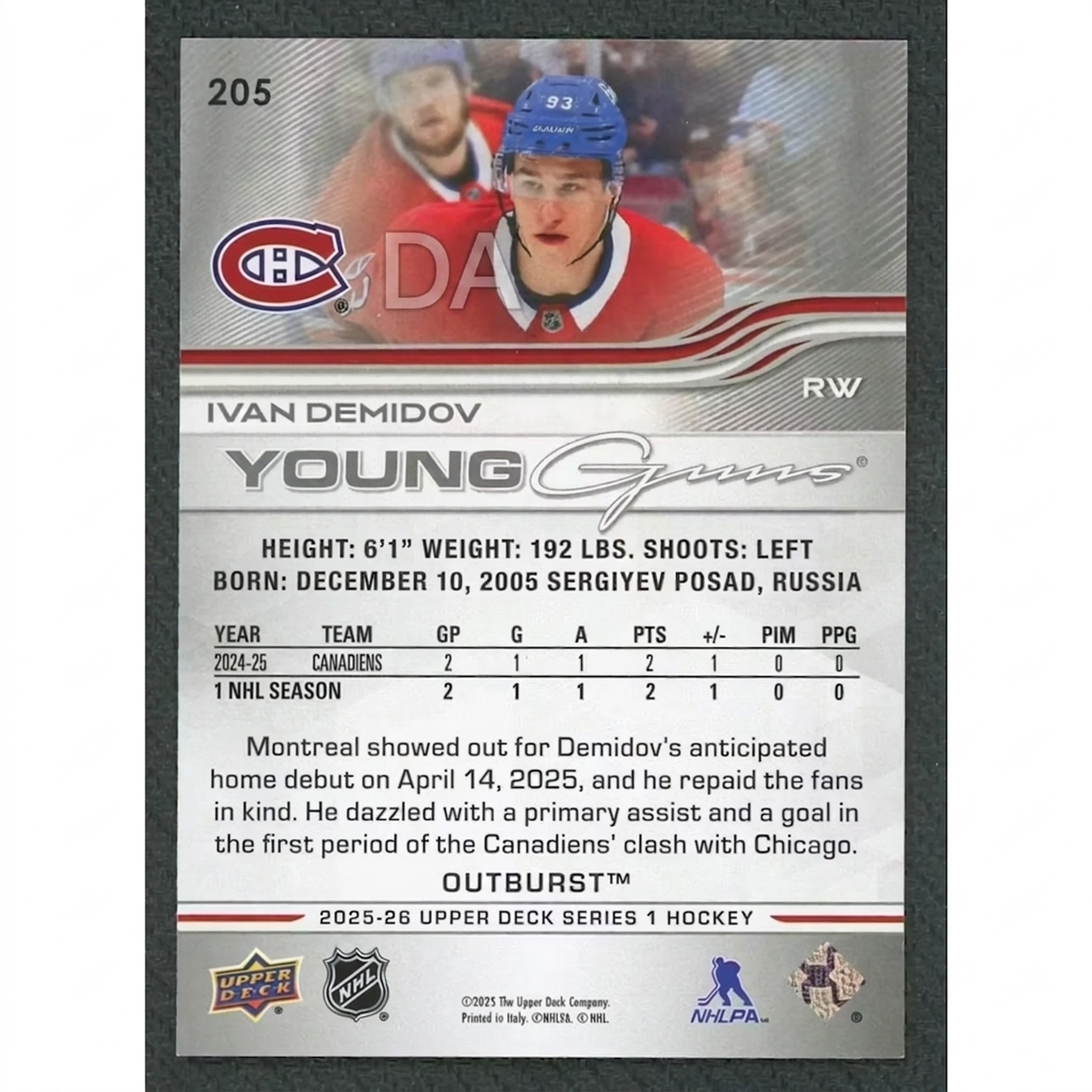 Ivan Demidov 2025-26 Upper Deck Young Guns Silver Outburst #205 Rookie Card