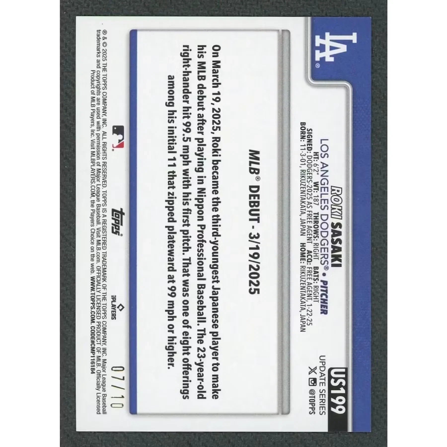 Roki Sasaki 2025 Topps Update Black Diamante Rookie Card | #US199