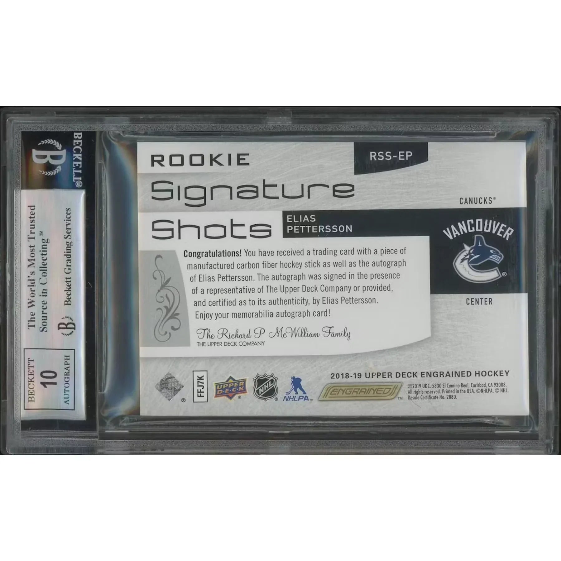 Elias Pettersson Signed 2018-19 Upper Deck Engrained Rookie #21 Card | BGS 9 Mint