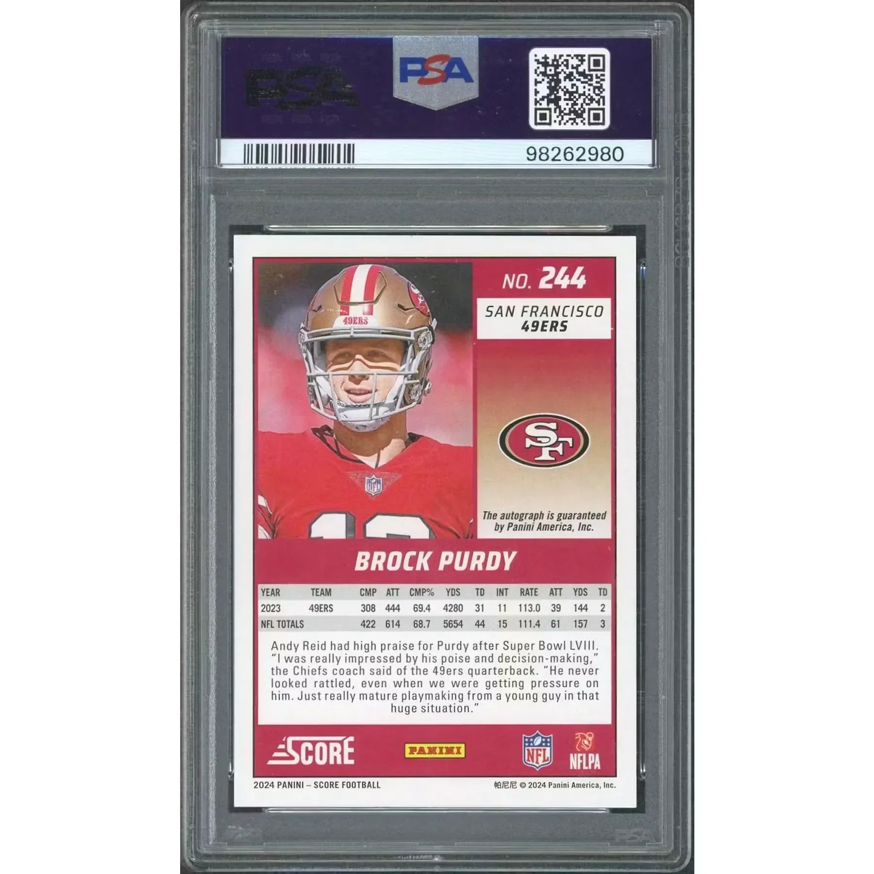Brock Purdy Signed 2024 Panini Score Card | PSA 10 #244