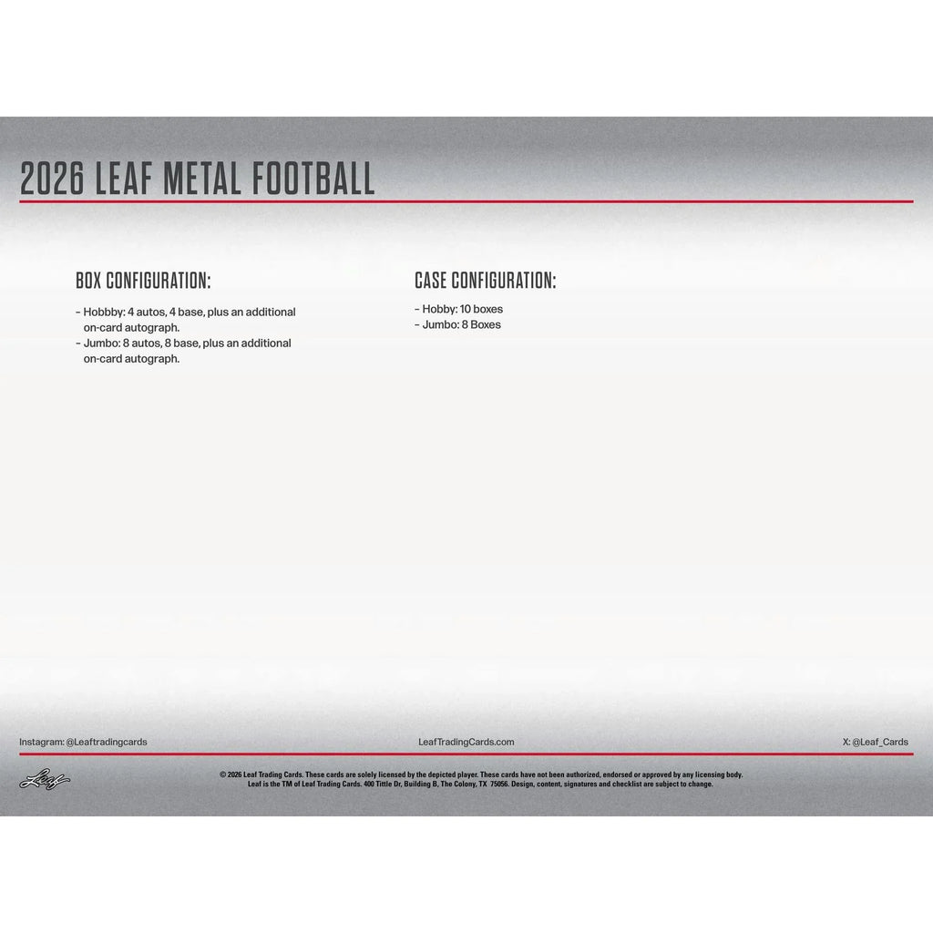 2026 Leaf Metal Football Hobby Jumbo 8 Box Case (Ships Sealed Only) - D1