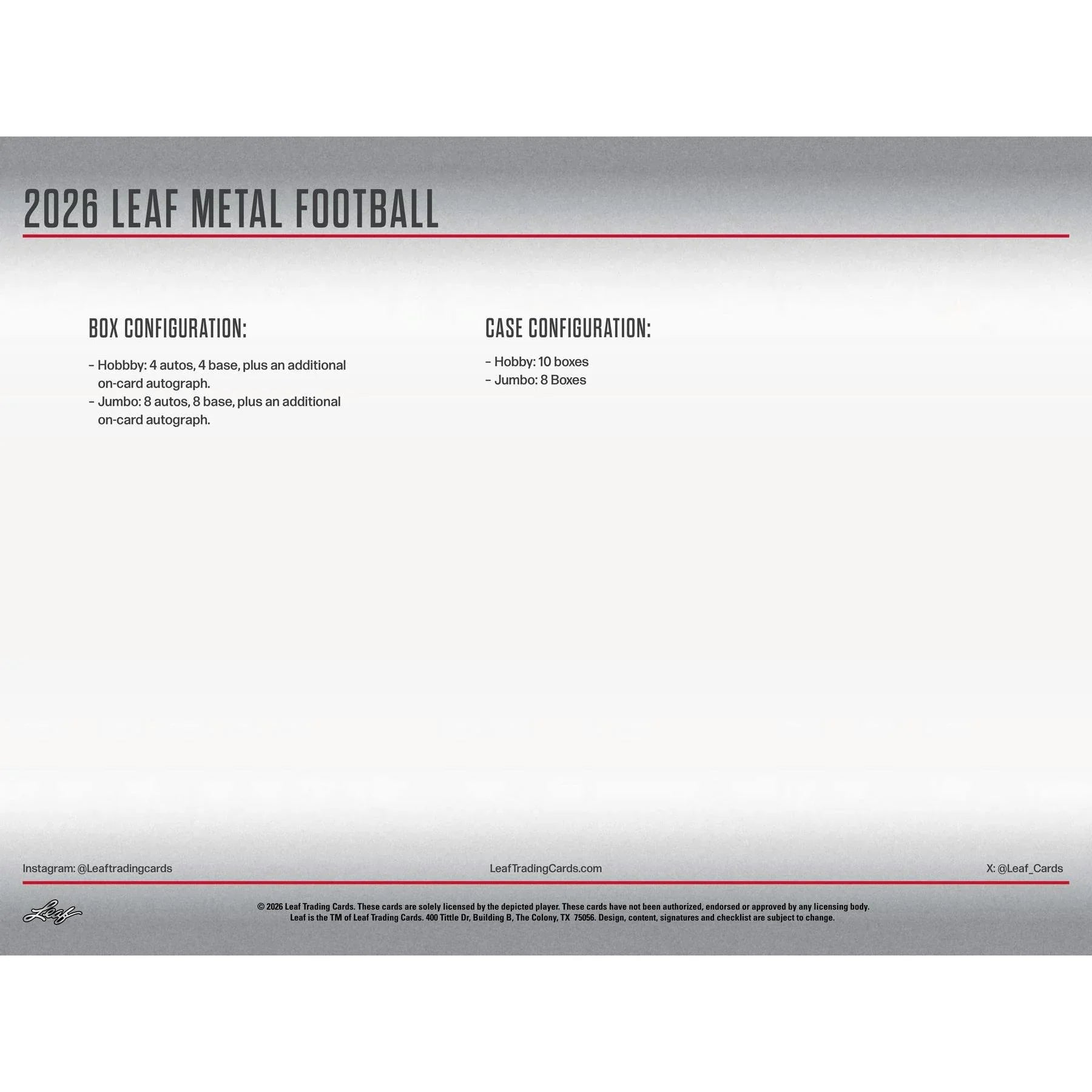 2026 Leaf Metal Football Hobby Jumbo 8 Box Case (Ships Sealed Only) - D1