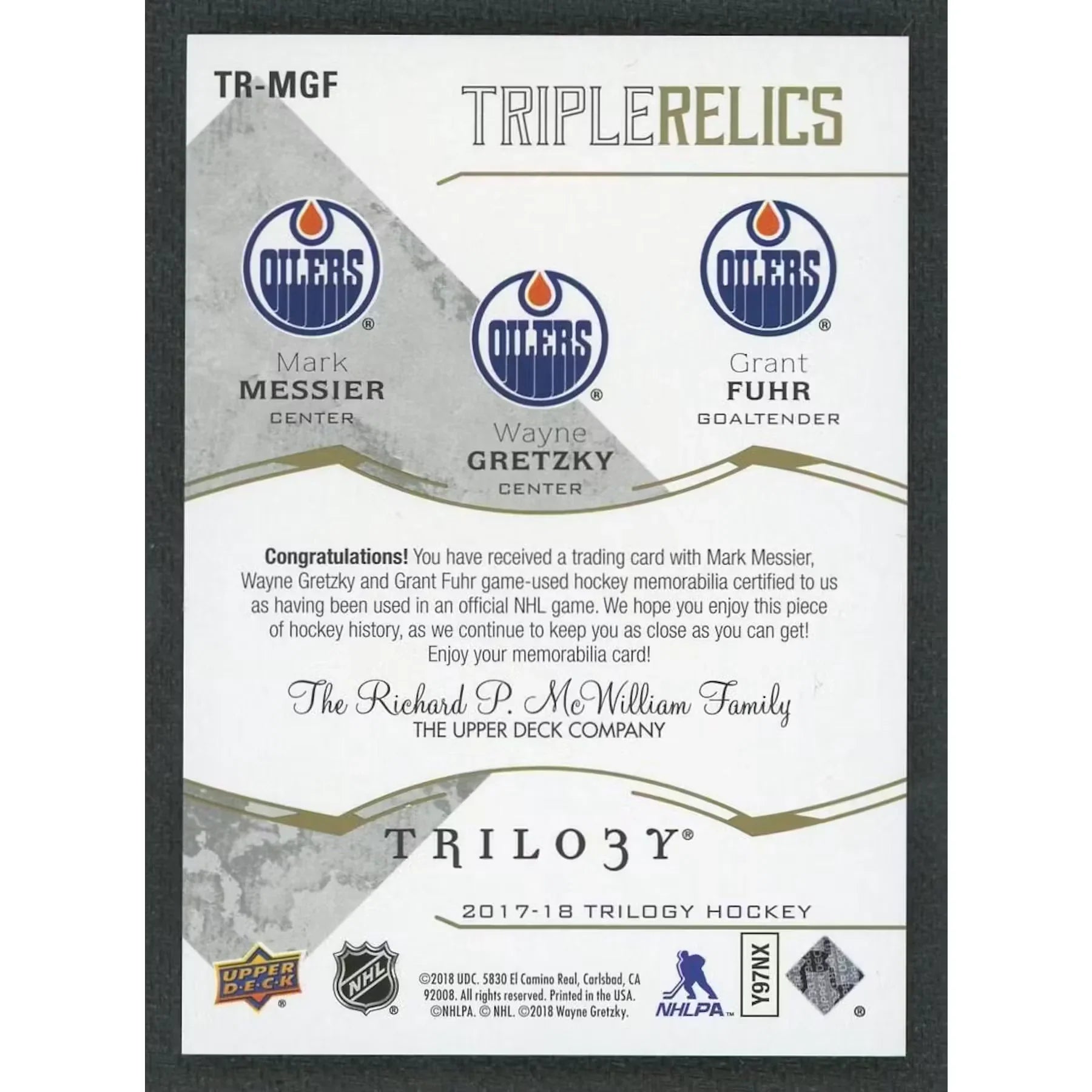 2017-18 Upper Deck Trilogy Messier Gretzky Fuhr Triple Relics Card |/25