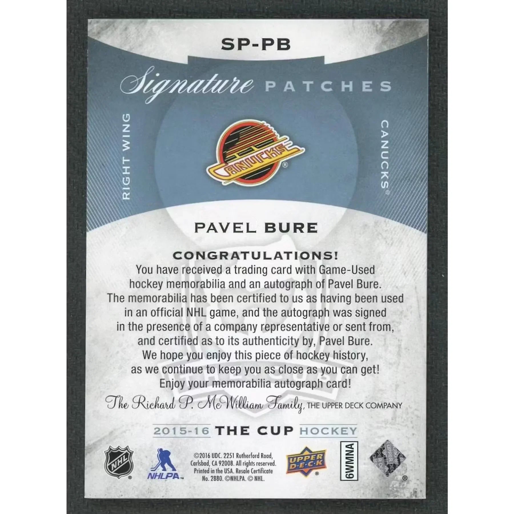 Pavel Bure Signed The Cup Card | 2015-16 Upper Deck Signature Patches/99